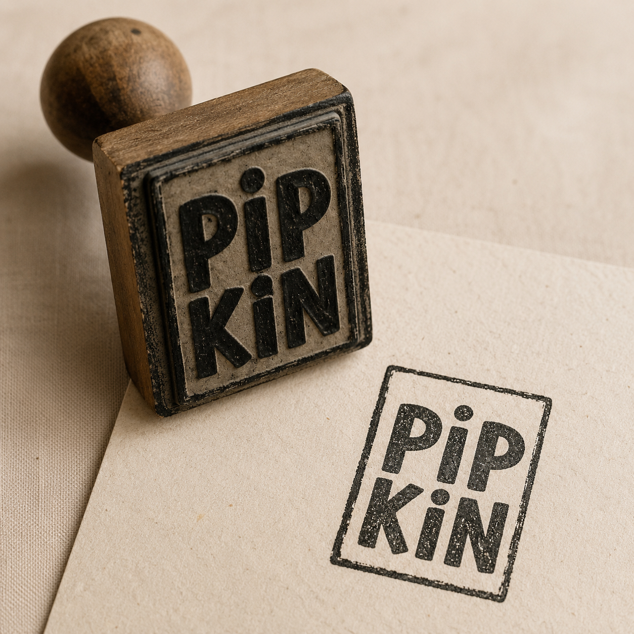 A carved stamp with the words 'Pipkin' and an inked imprint of the same text on paper.