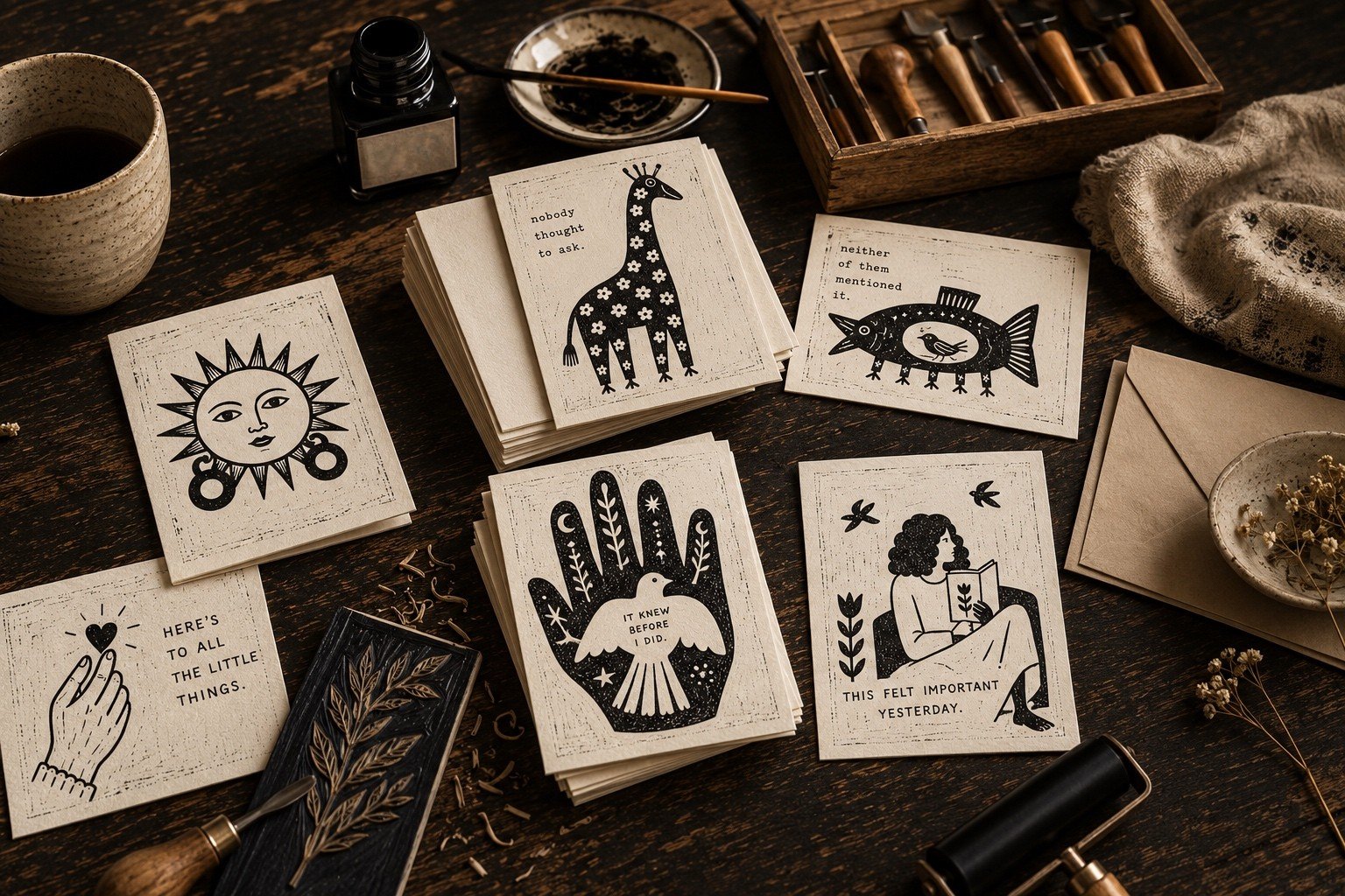 Black and white illustrated art prints spread out on a wooden table, featuring various designs including a sun with a face, a giraffe with flowers, a bird in a hand, and a woman reading a book, surrounded by art supplies and stationery.