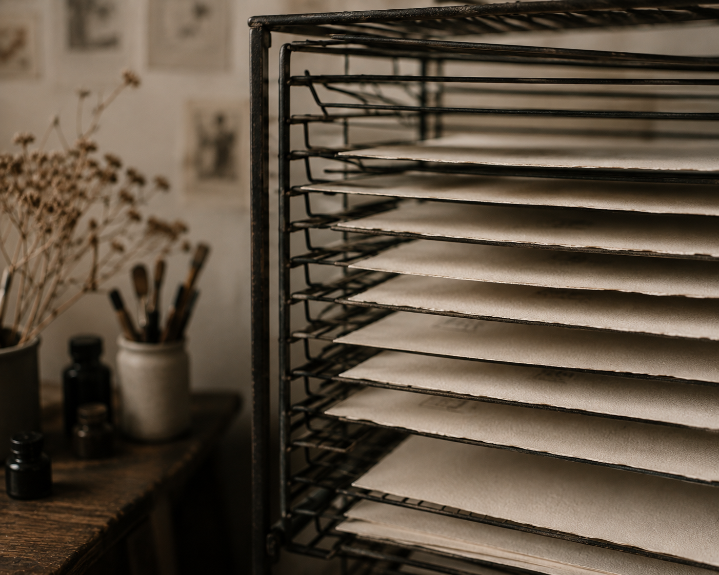 A black metal rack with multiple trays filled with beige paper sheets, situated in a room with art supplies and dried flowers in the background.