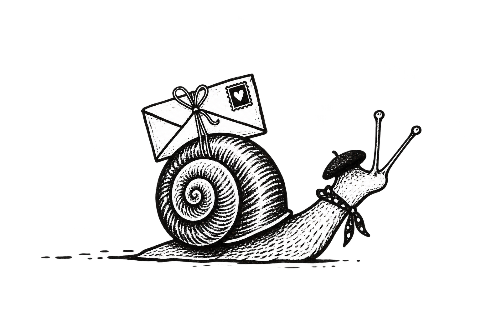 A black and white printed image of a snail with a letter and stamp on its shell, wearing a bow tie and beret.
