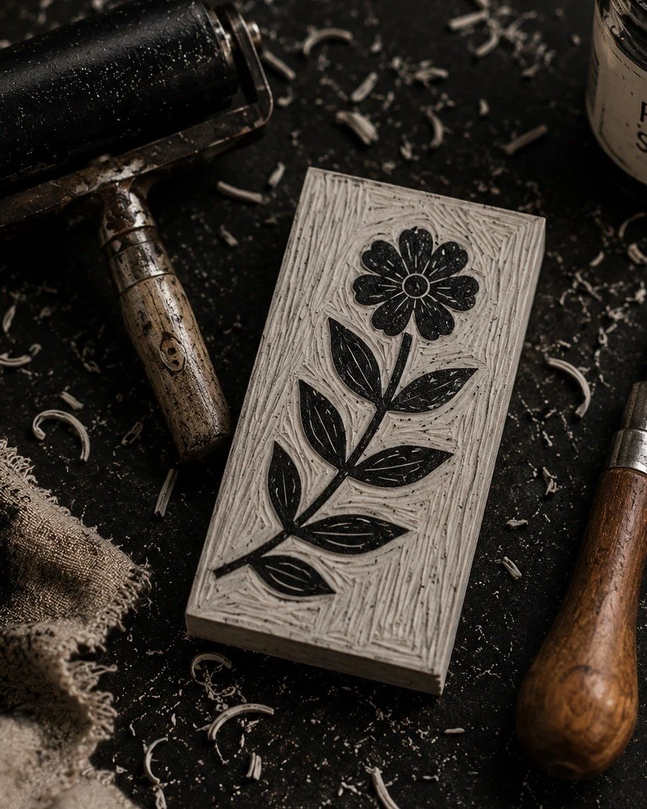 Wood carving stamp with a floral design surrounded by woodworking tools and wood shavings on a work surface.