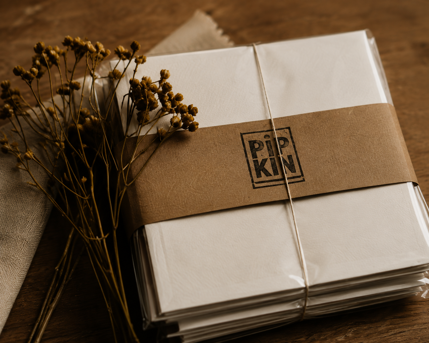 A stack of paper documents wrapped with a brown paper band labeled 'PIPKIN' and tied with string, placed on a wooden surface next to dried flowers and a rolled-up parchment.