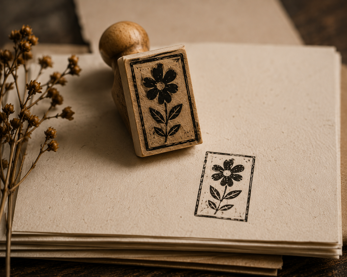 A carved stamp with a flower design beside an inked impression of the same flower on an open book. There are dried flowers on the left side.