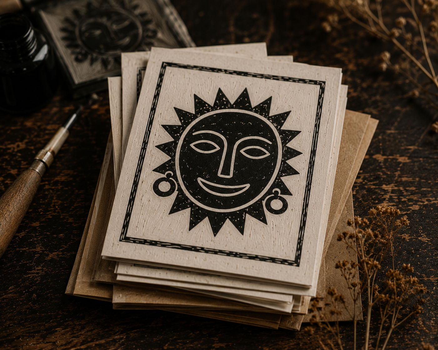 Stack of decorated papers with a black and white sun and face design, a paintbrush, ink bottle, and dried flowers on a dark wooden surface.