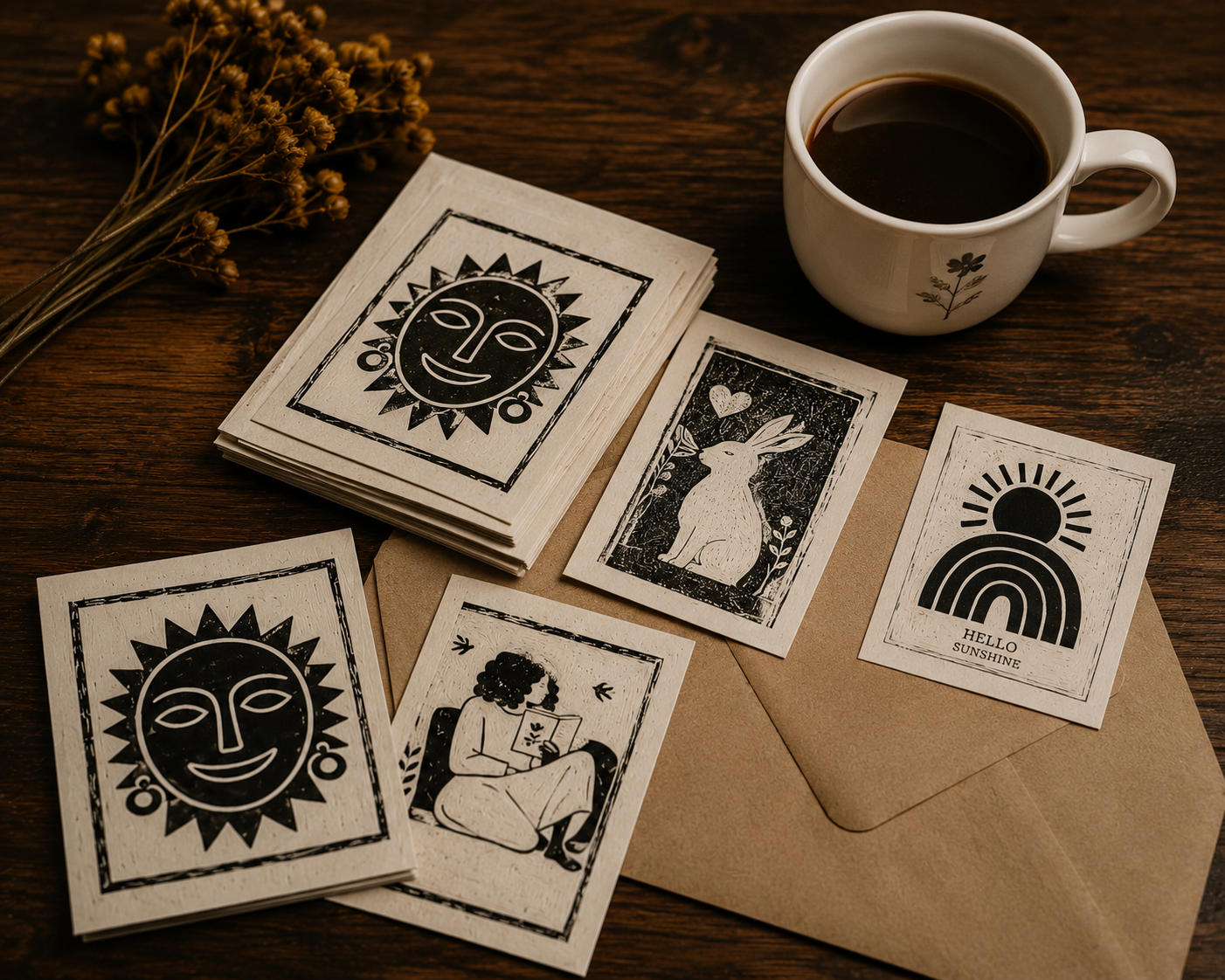 A cup of black coffee, dried flowers, and art prints with black and white illustrations on a wooden table.