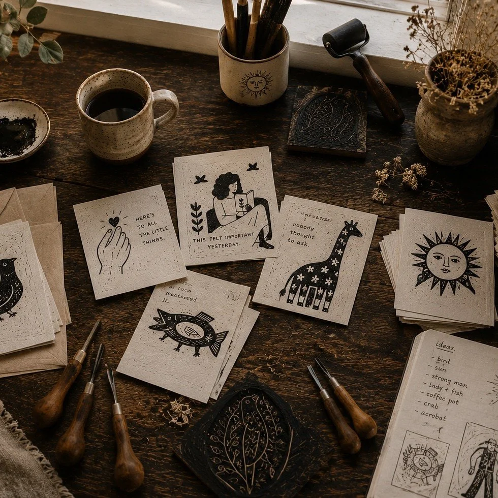 A wooden table with tarot cards, a cup of coffee, printing tools, and dried plants on it.