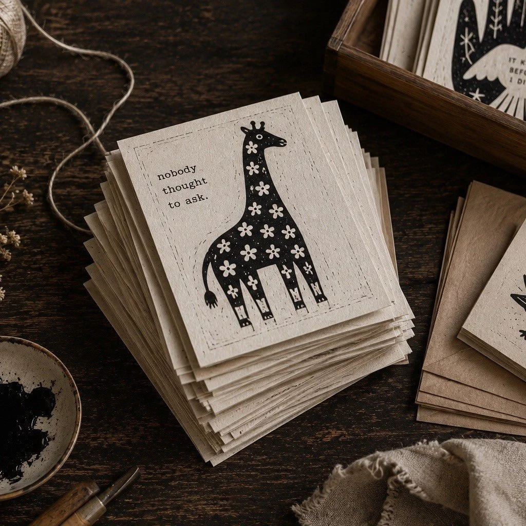 Stack of cards with a black and white illustration of a giraffe with flowers on its body and the quote 'nobody thought to ask' on a rustic wooden table.
