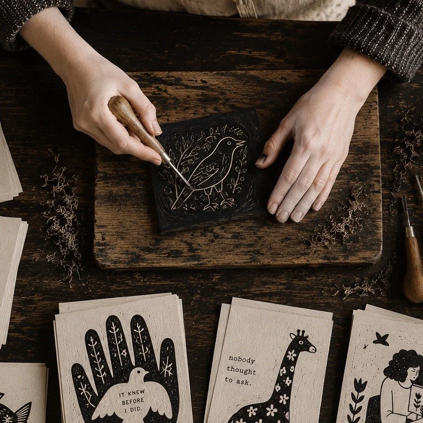 Person engraving a bird on a black tile, surrounded by illustrated cards featuring a bird, a giraffe, and a woman with flowers, on a wooden table.