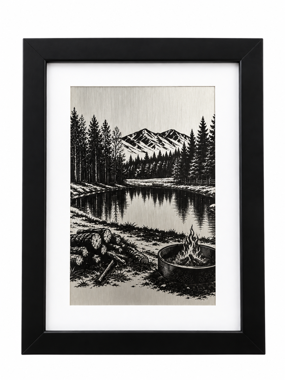 Framed Brushed Metal Mountain Campfire Landscape.png