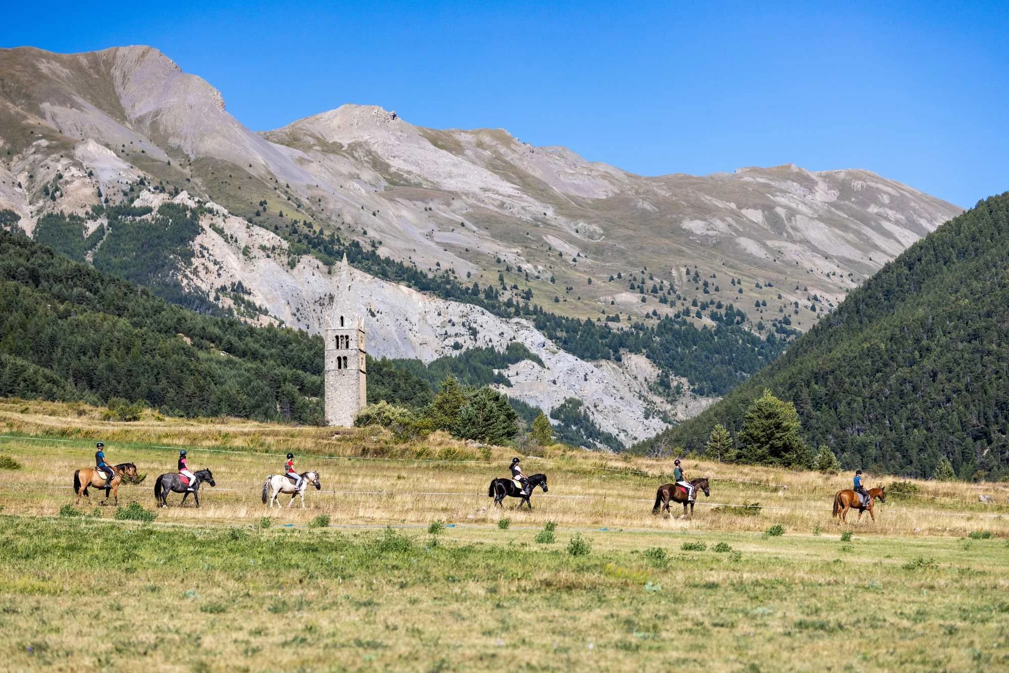 Groupes de cavaliers à cheval traversant un champ avec une montagne en arrière-plan et des arbres, et une ancienne tour en pierre
