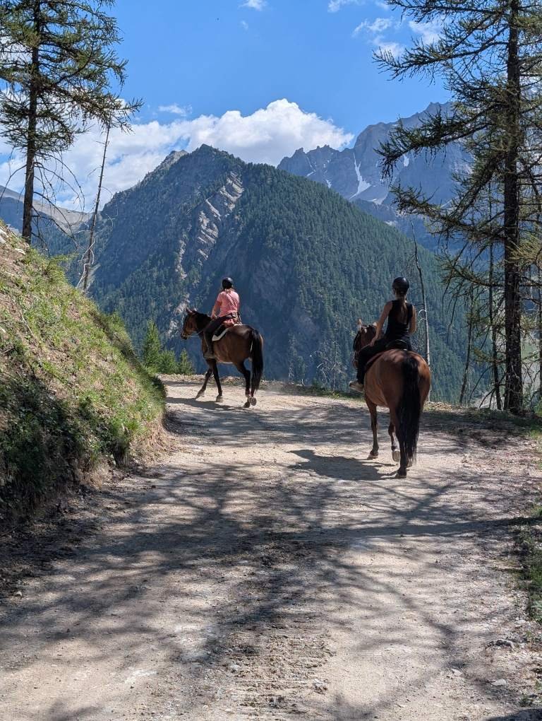 Deux personnes à cheval sur un chemin de montagne, avec des sommets enneigés en arrière-plan et des arbres autour.