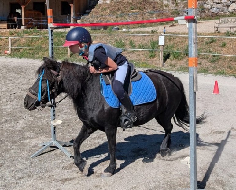 Enfant en casqué participant à un cours d'équitation junior, chevauchant un petit cheval noir dans une arène.