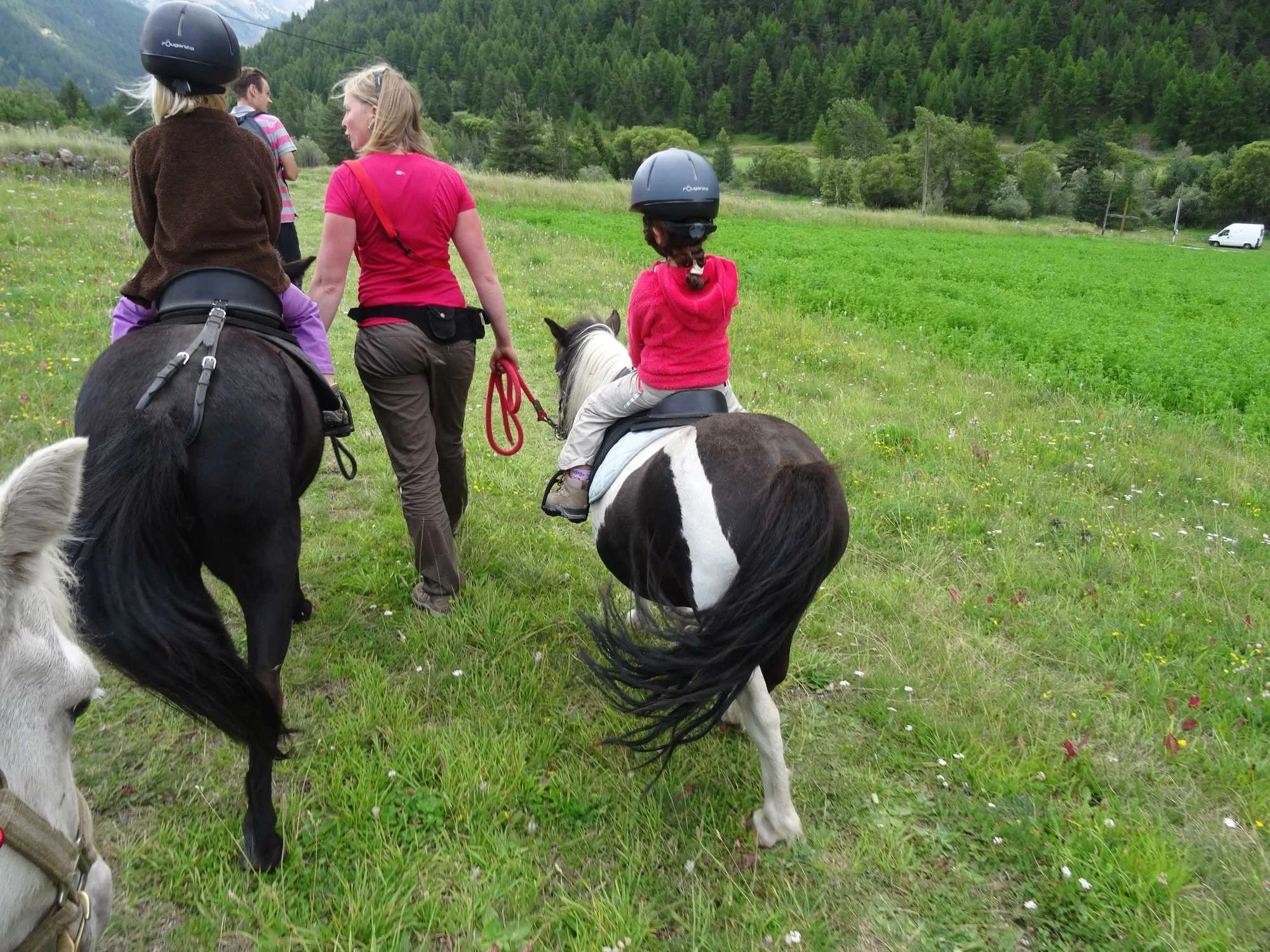 Groupe de personnes et de poneys dans un champ verdoyant entouré de montagnes et d'arbres, avec un fond de forêt dense.