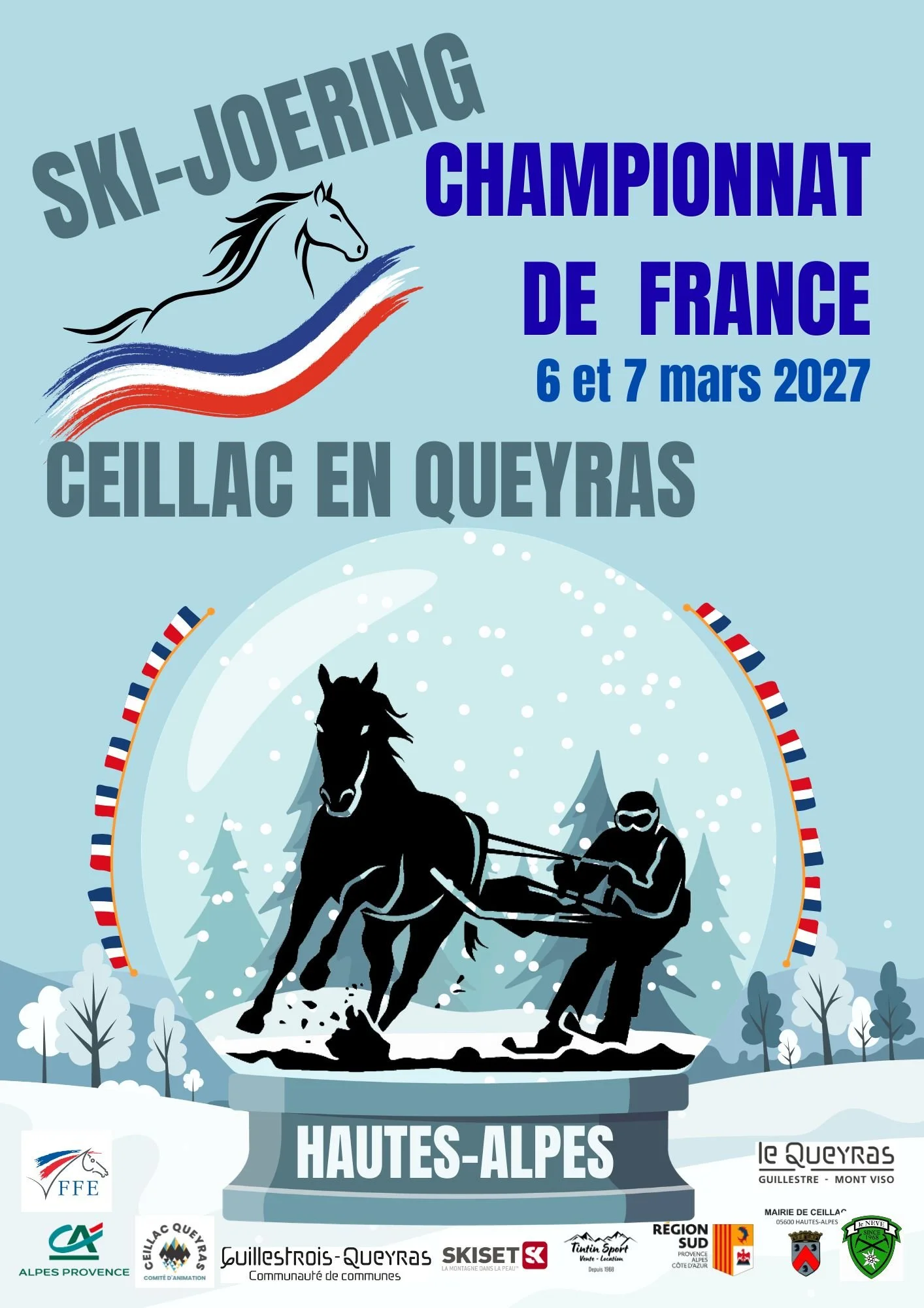 Affiche pour le championnat de ski joëring en Haute-Alpes, France, les 6 et 7 mars 2022, montrant une scène de ski joëring avec un cheval tirant un skieur, et plusieurs logos en bas.