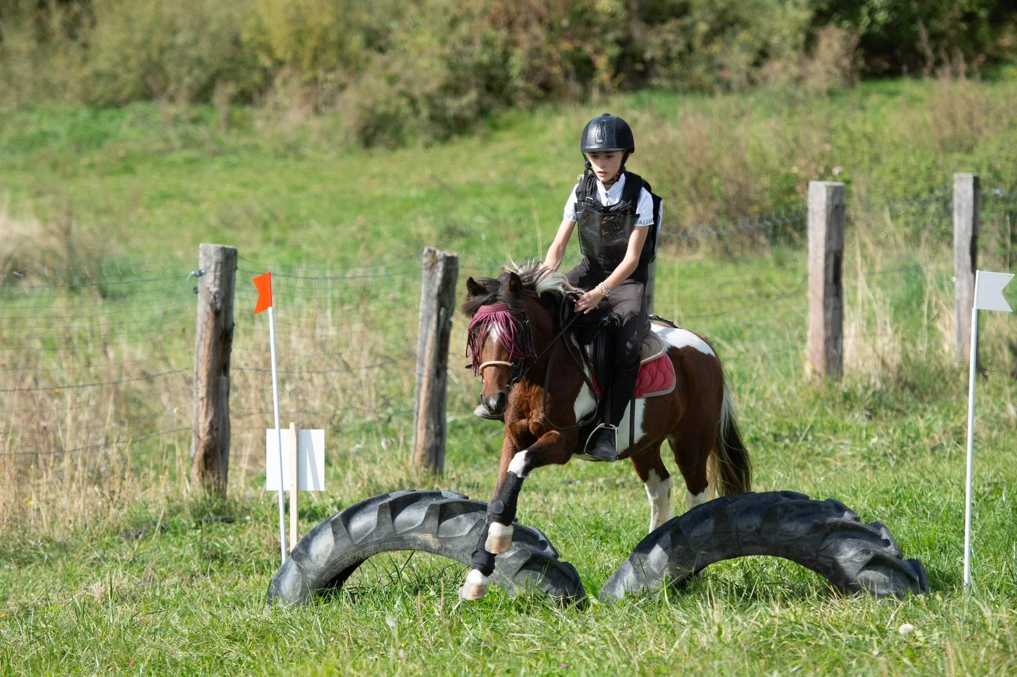 Une jeune fille en casque et en gilet de sécurité monte un poney sur un parcours d'obstacles en extérieur avec des pneus et des drapeaux orange et blancs, dans un champ entouré d'une clôture en bois.