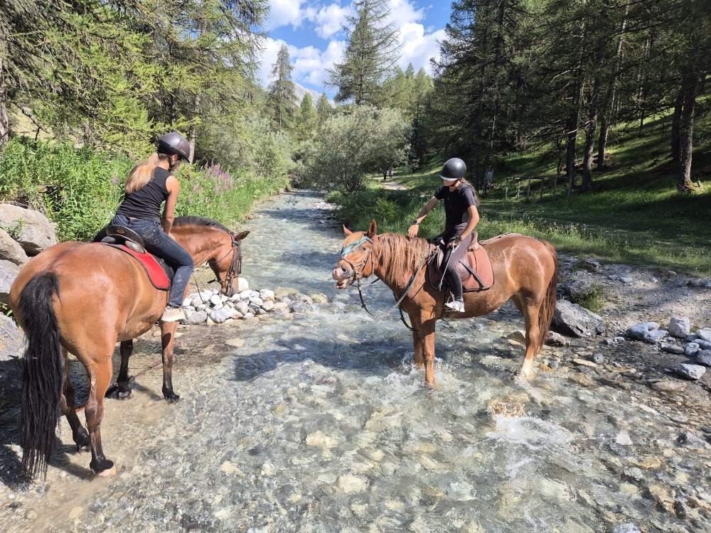 Deux personnes à cheval qui traversent une rivière dans une forêt verdoyante par une journée ensoleillée.