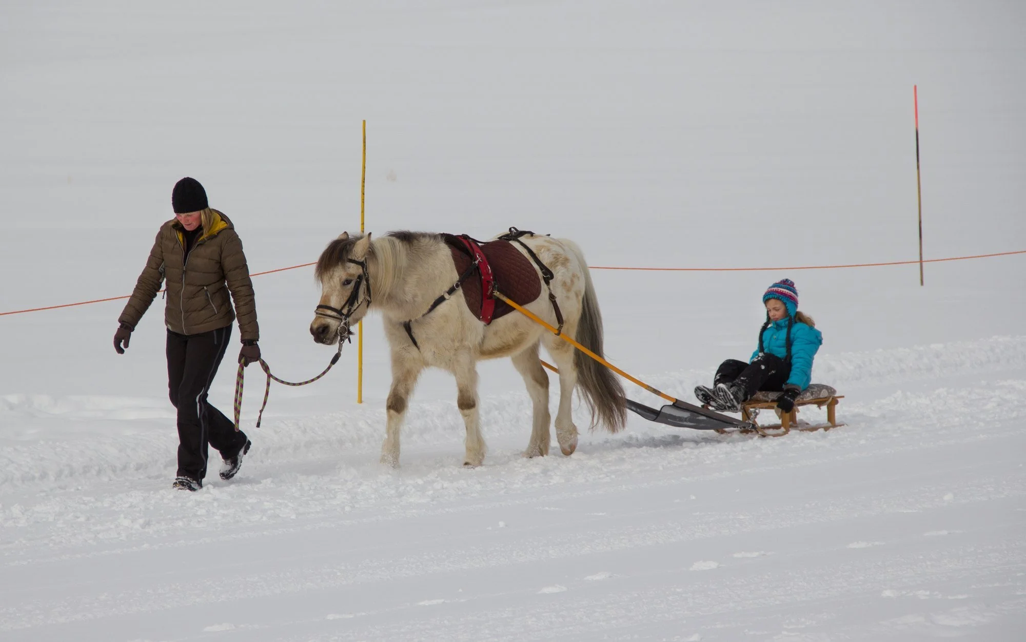 Une femme tire un traîneau à neige avec une enfant assise dessus, un cheval est attaché au traîneau et une autre femme marche à côté dans un paysage enneigé.