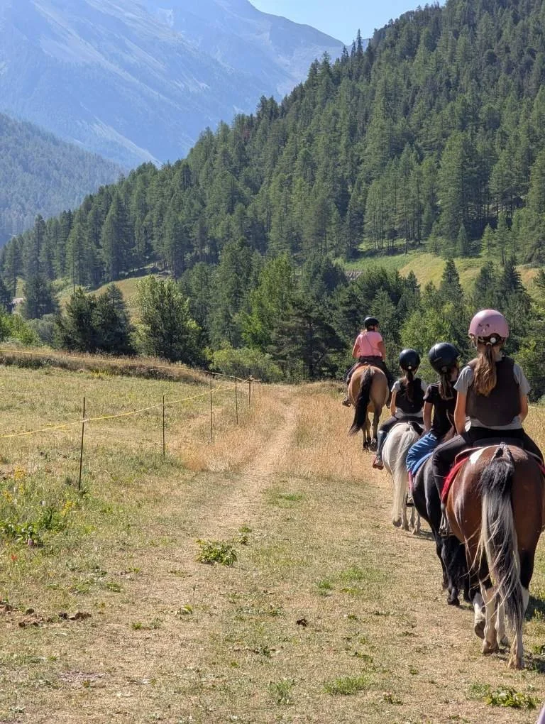 Groupe d'enfants faisant de l'équitation dans un paysage montagneux avec des arbres et un sentier de randonnée.
