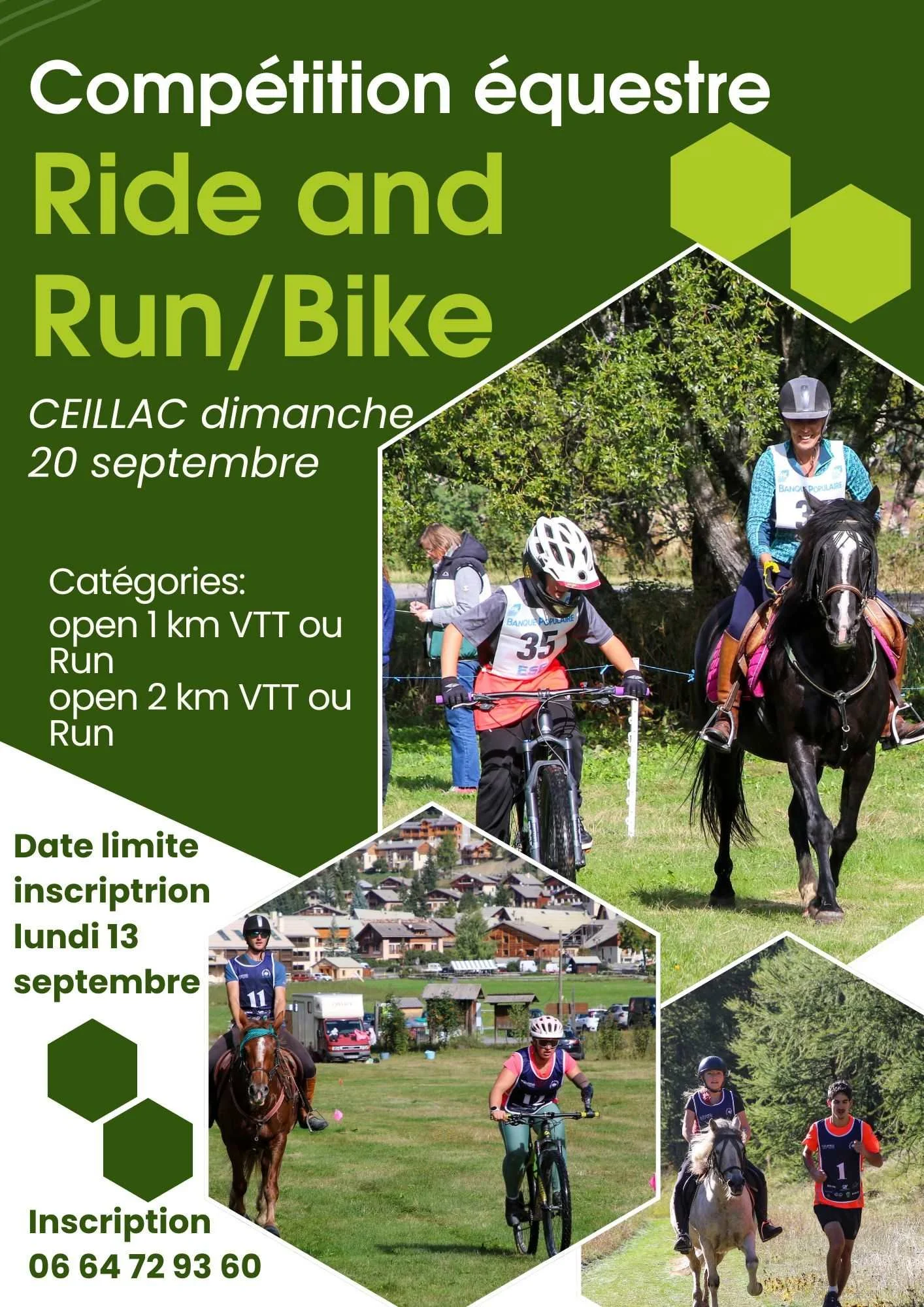 Affiche promotionnelle de compétition équestre, cycliste, course à pied avec images de participants à cheval, vélo et course dans la nature, avec détails sur date, inscription et contact.