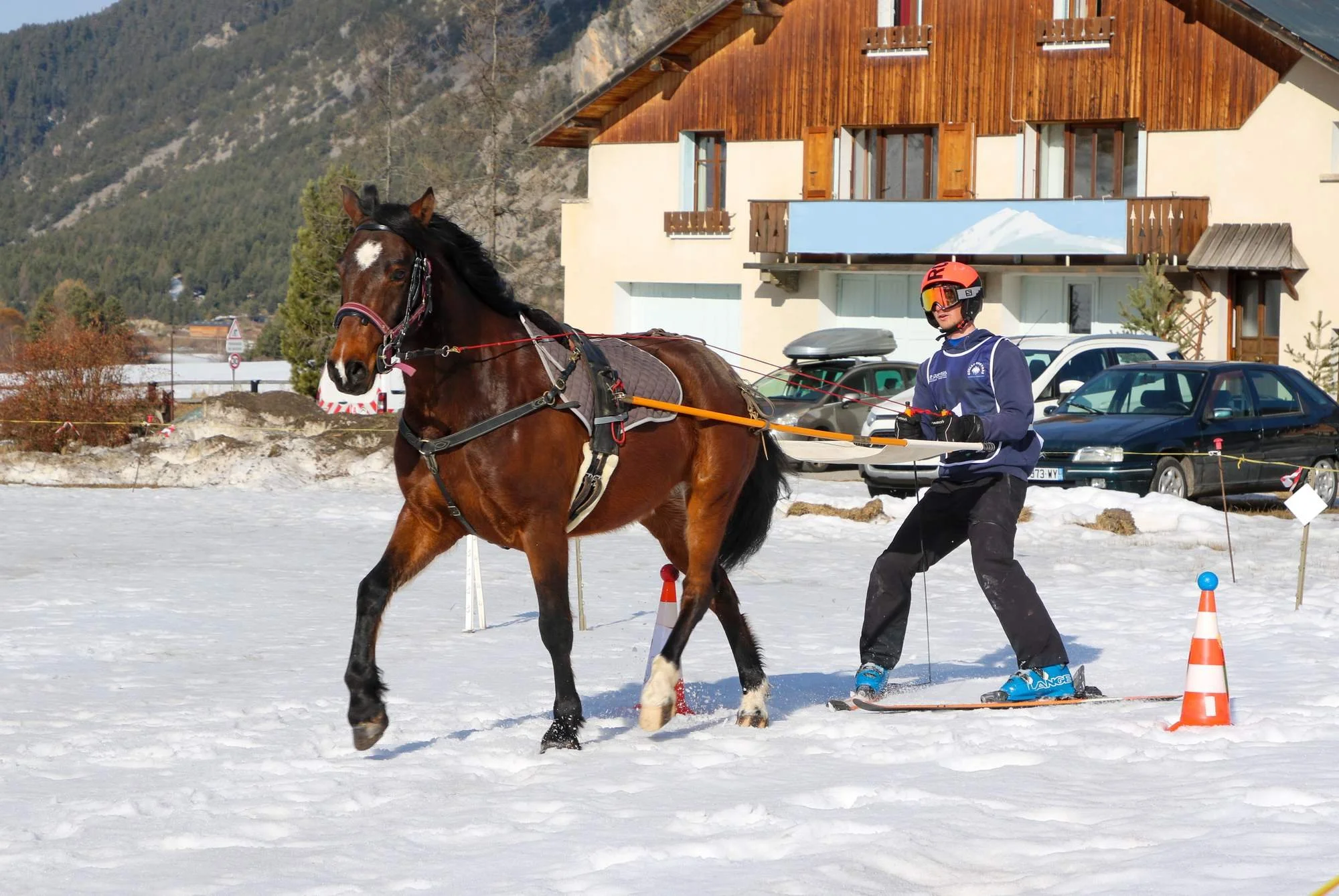 Une personne skie à côté d’un cheval dans un environnement enneigé avec des montagnes en arrière-plan, façades de maisons en bois et des voitures stationnées.