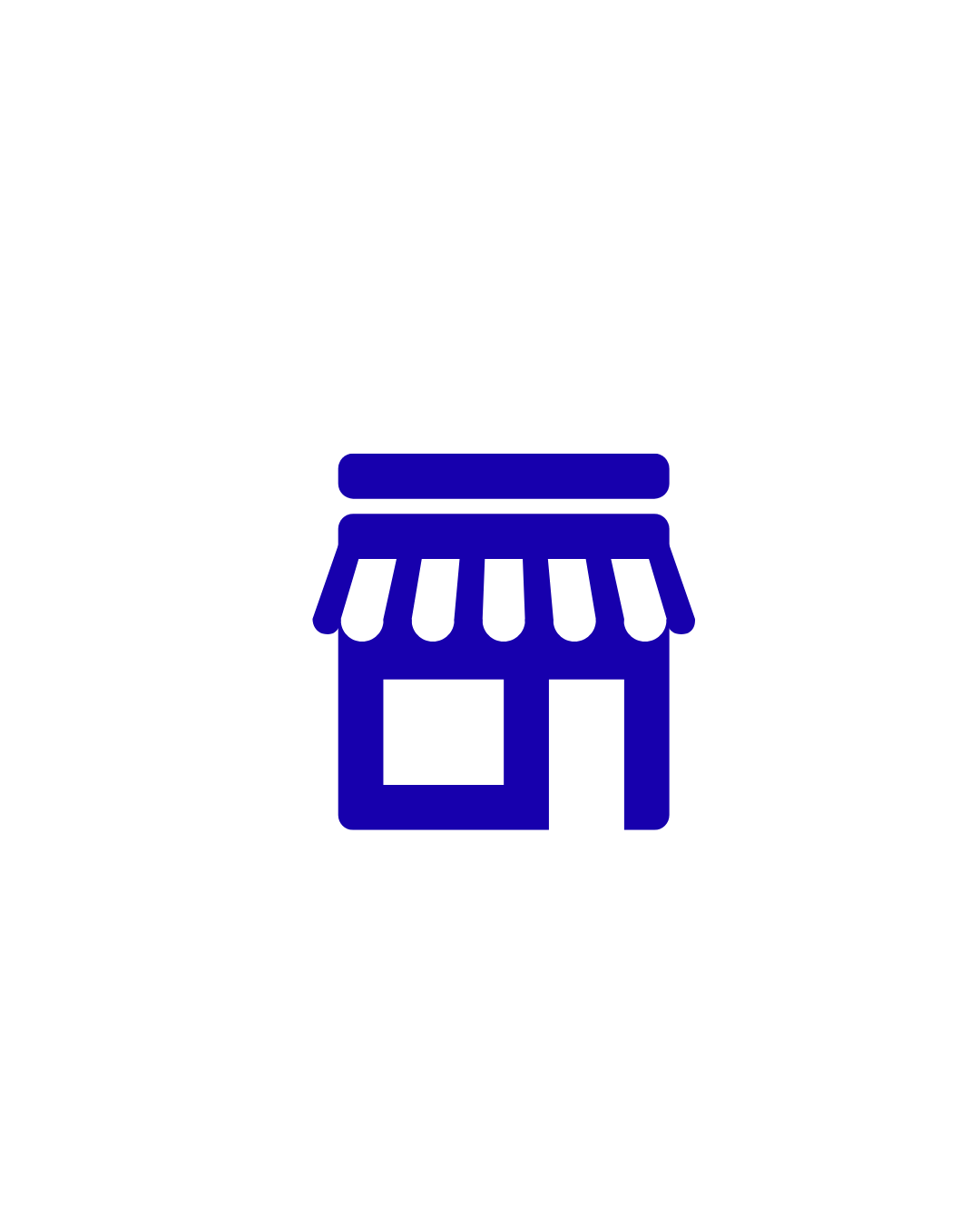 Icon of a small storefront or market stall with a striped awning in blue.