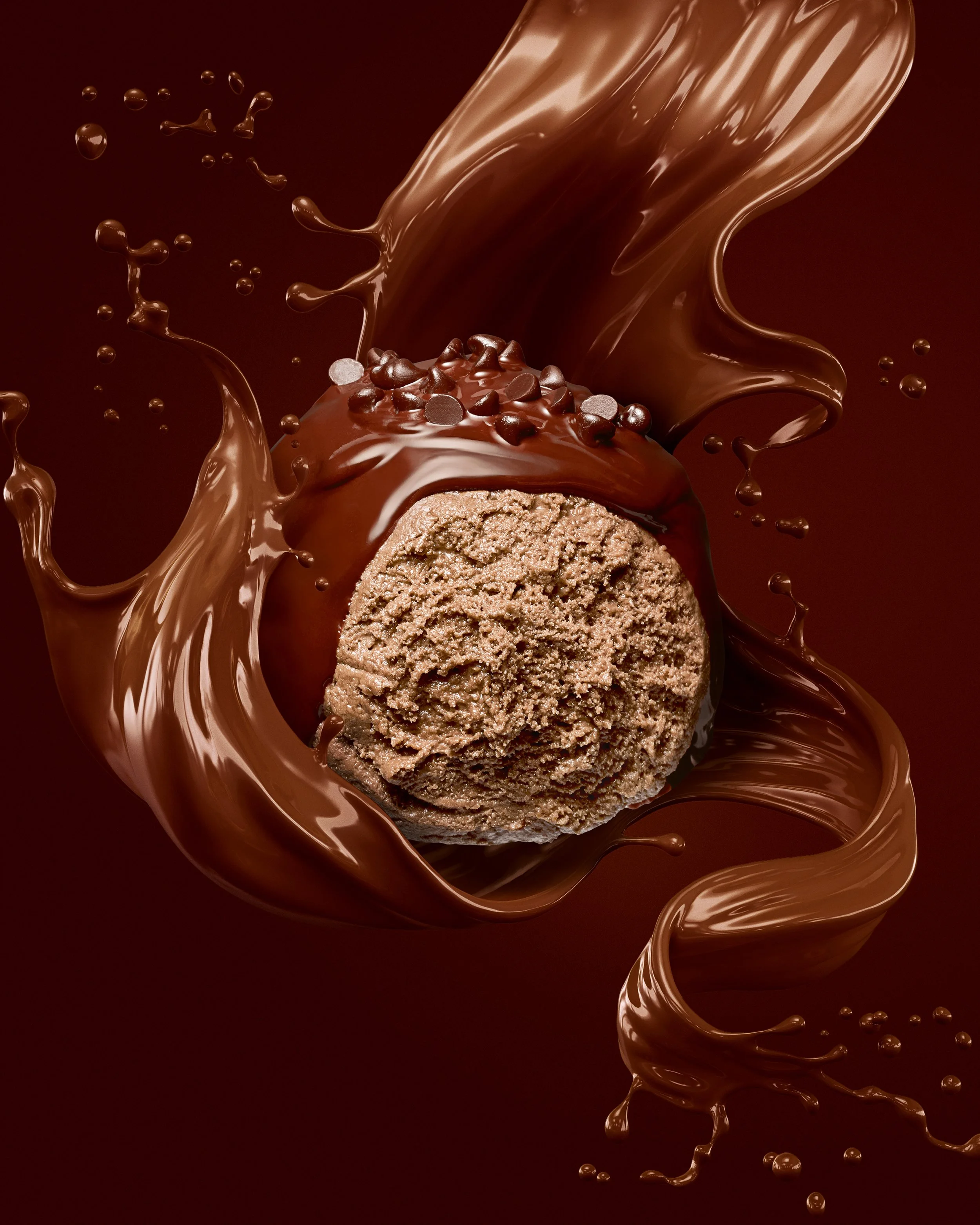 Close-up of a chocolate cookie with chocolate chunks, with rich melted chocolate being poured over it, creating swirling patterns and droplets of chocolate around it.