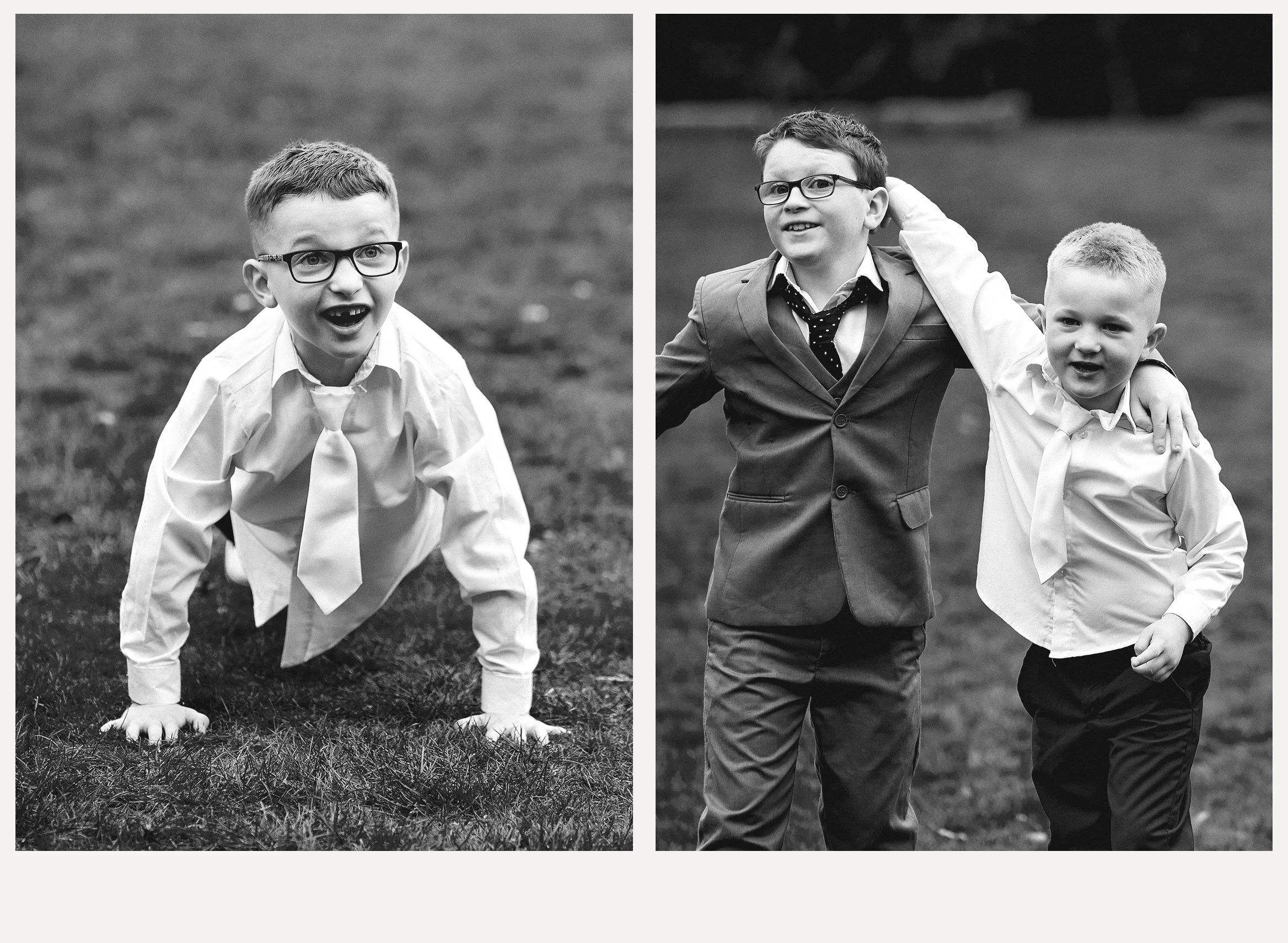 A side-by-side comparison of a black-and-white photograph of three young boys, with the left showing a boy in a radius crawl position on the grass, wearing glasses and a white shirt with a tie, and the right showing a boy standing with two others, on