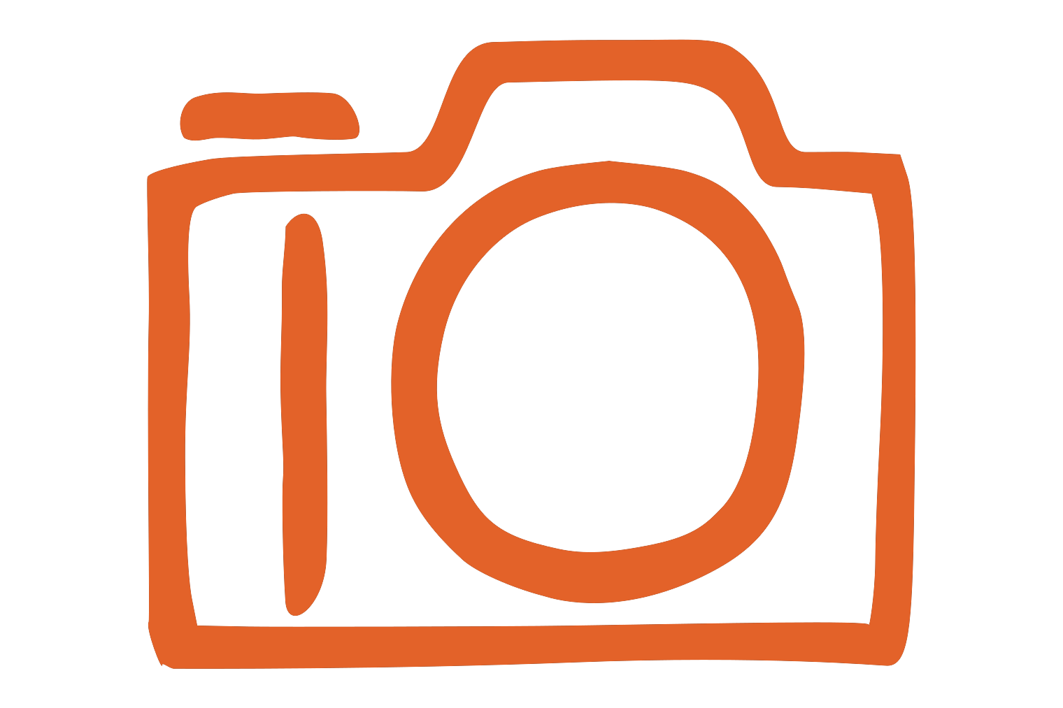 Outline illustration of a camera with a prominent circular lens, in orange color.