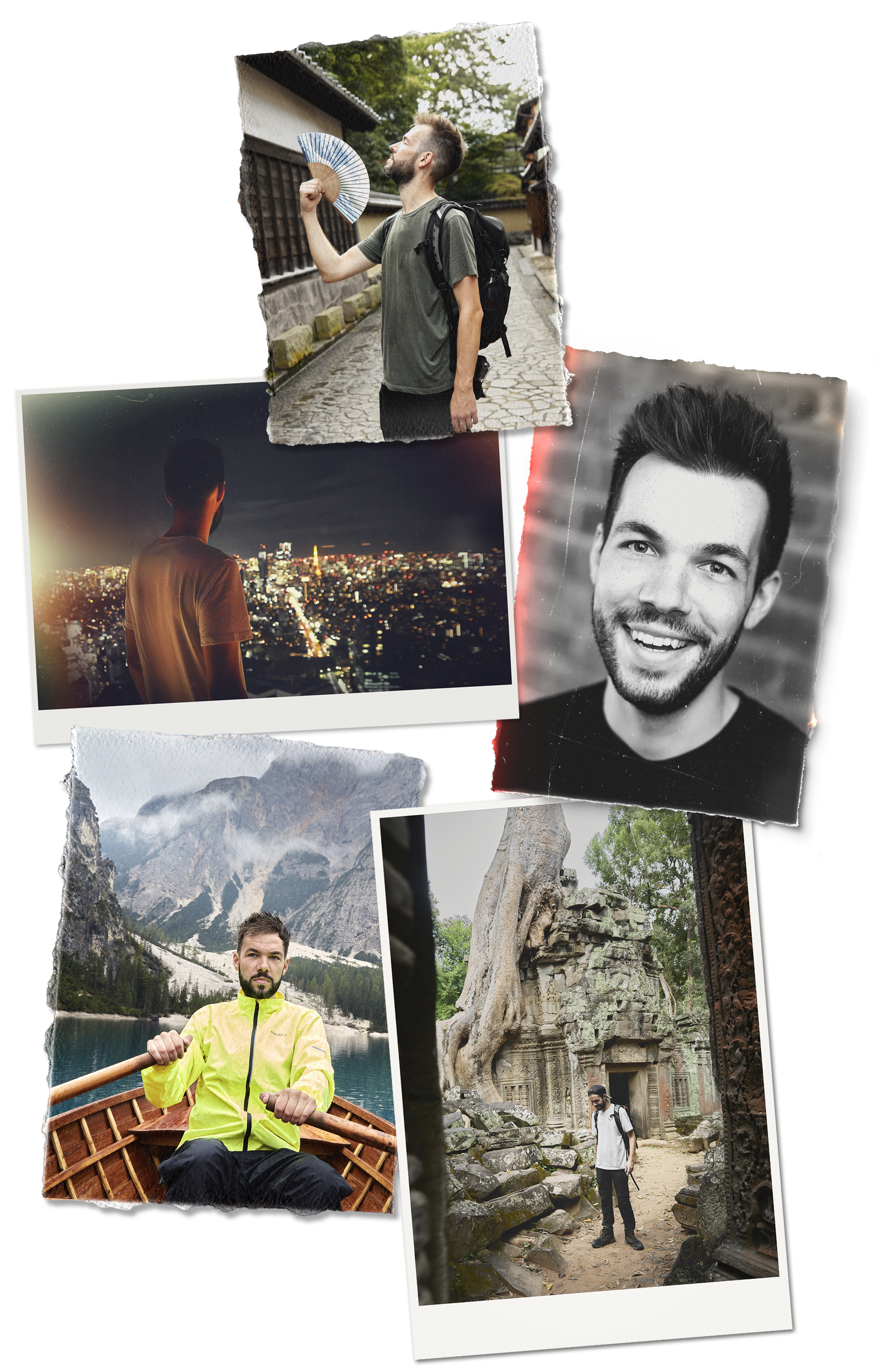 Collage of outdoor travel photos including a man with a backpack examining a fan, a person overlooking a city from a hill at night, a man rowing a boat in a lake, a hiker exploring ancient stone ruins, and a man standing while touring an archaeological site.