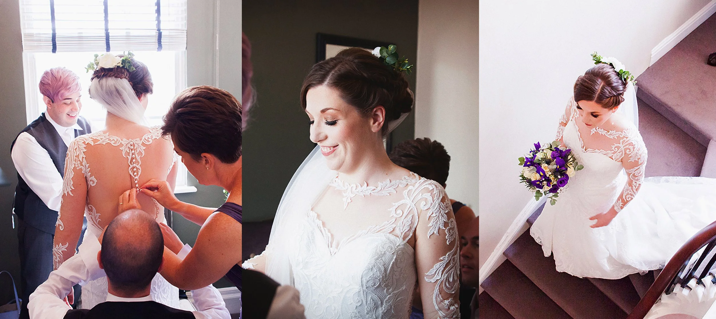 Triptych of photos showing a wedding scene. The left photo features the bride having her dress buttoned by a woman while a man with pink hair watches happily. The middle photo is a close-up of the bride smiling with her eyes closed, wearing a lace wedding dress with an updo hairstyle decorated with greenery. The right photo shows the bride holding a bouquet of purple and white flowers, walking down the stairs in her wedding dress, looking down.