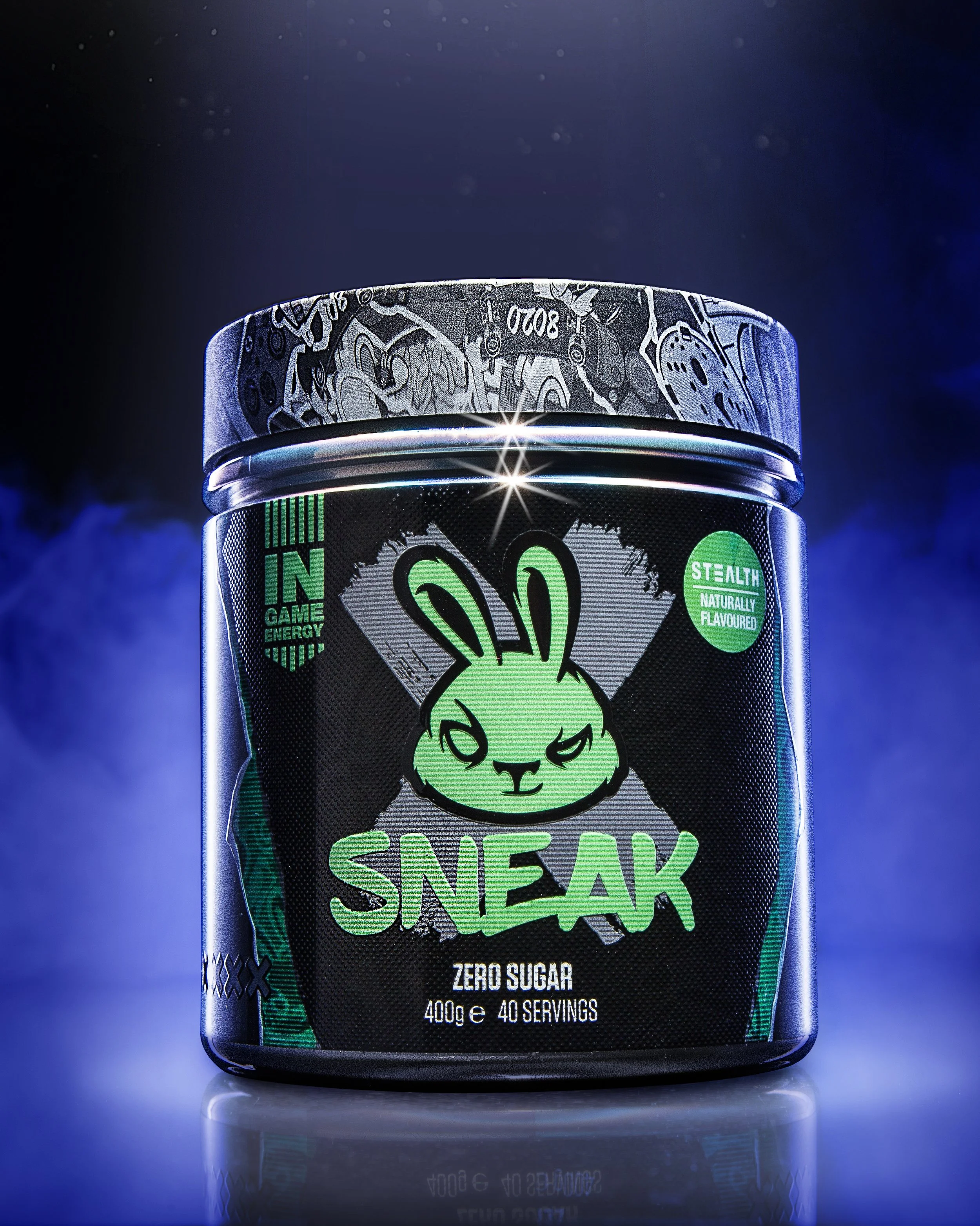 Close-up of a black container of energy supplement with a green bunny logo, the words 'SNAP' and 'Zero Sugar' written on it, against a dark, smoky background.