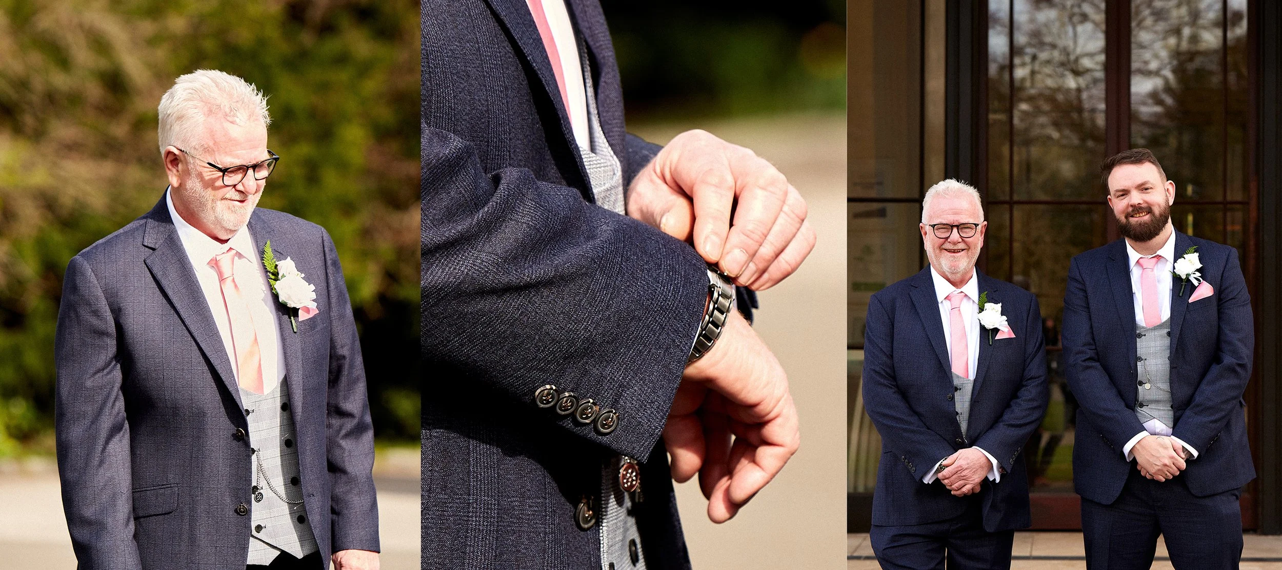 A collage of three wedding photos: a senior man in a wedding suit outdoors, a close-up of a groom adjusting a watch on his suit, and two men in wedding suits standing in front of a building.