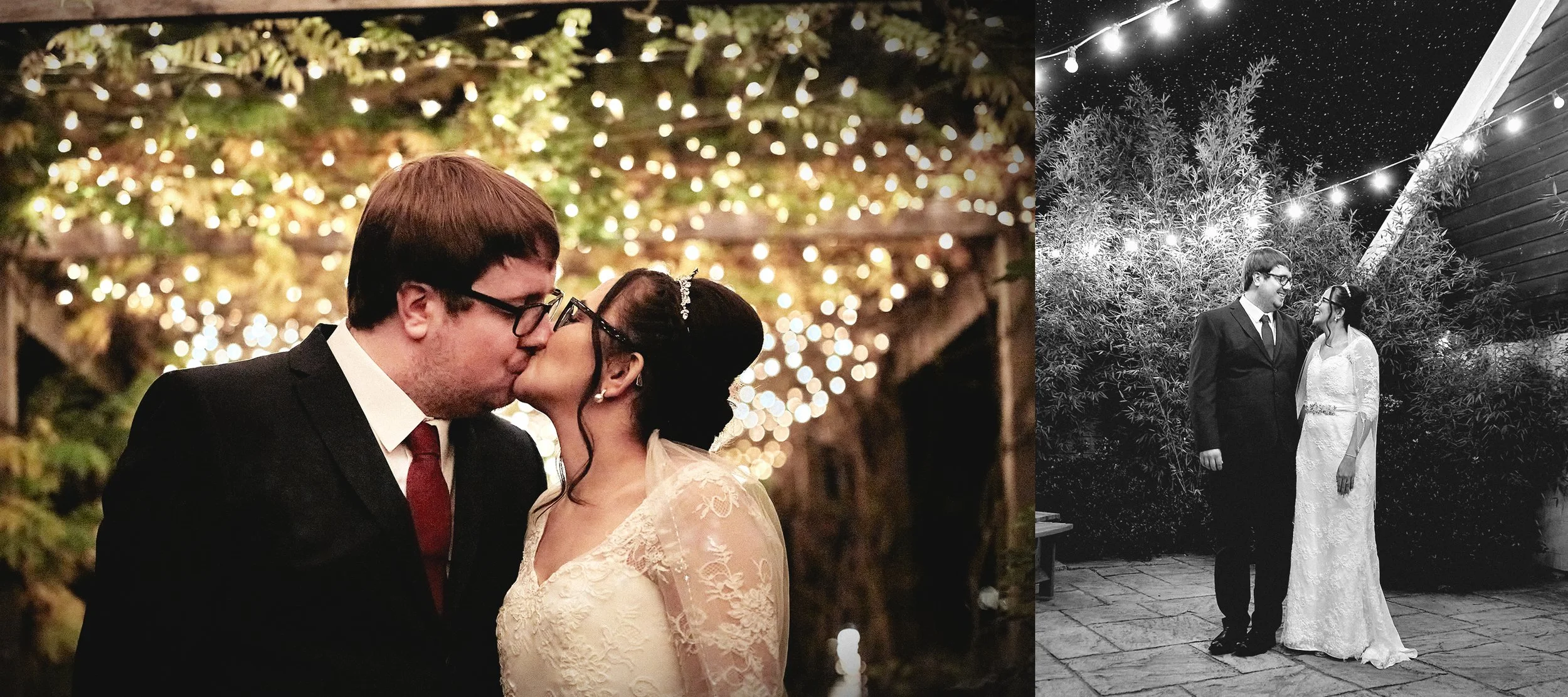 A couple sharing a kiss at their wedding, decorated with string lights in the background, on the left; and a wedding photo of the couple standing together outdoors at night, with string lights overhead, on the right.