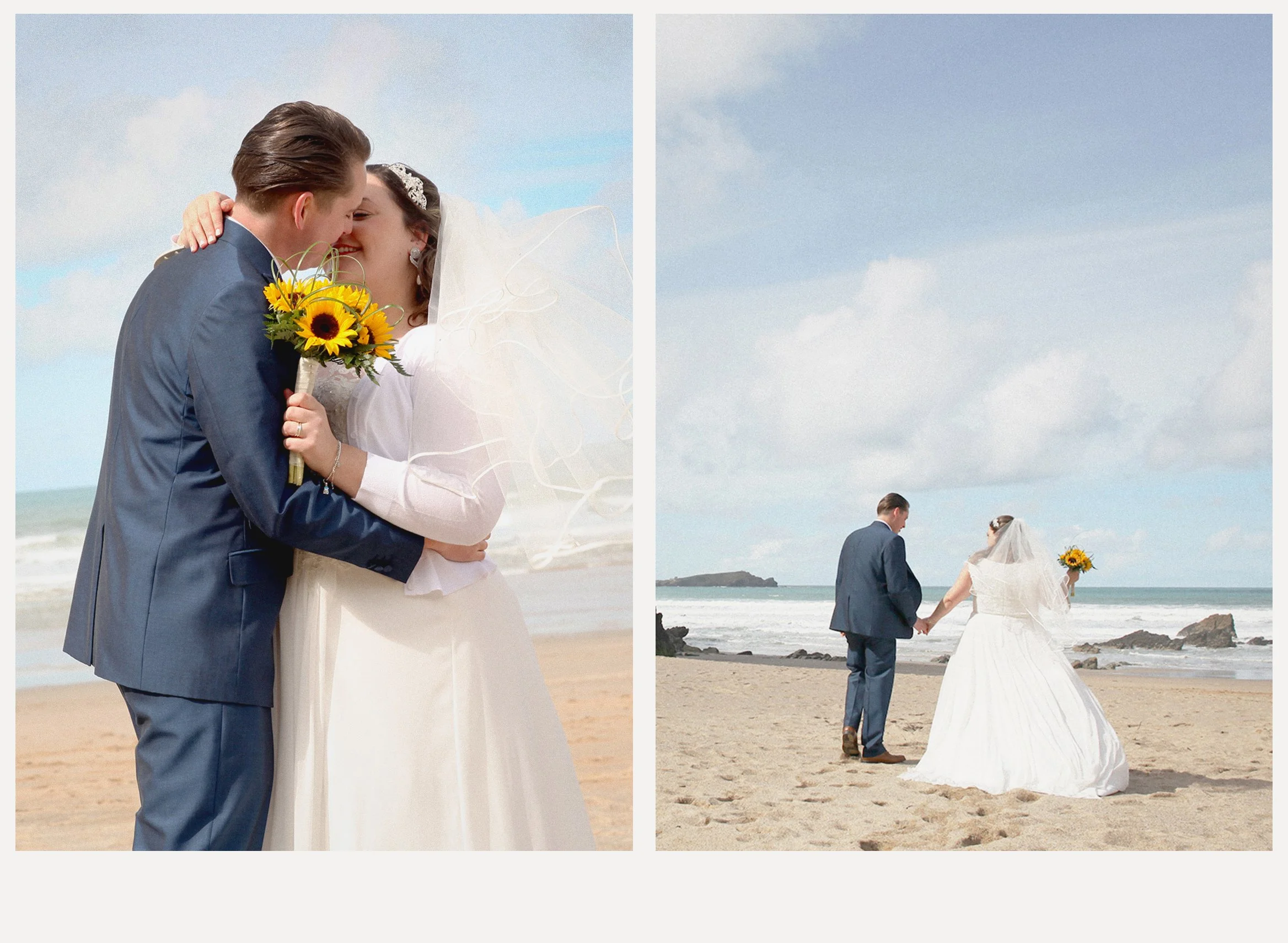 A couple dressed in wedding attire standing on a beach, holding hands, with ocean and sky in the background. The groom is dressed in a blue suit, and the bride is wearing a white wedding dress and veil, holding a bouquet of sunflowers.