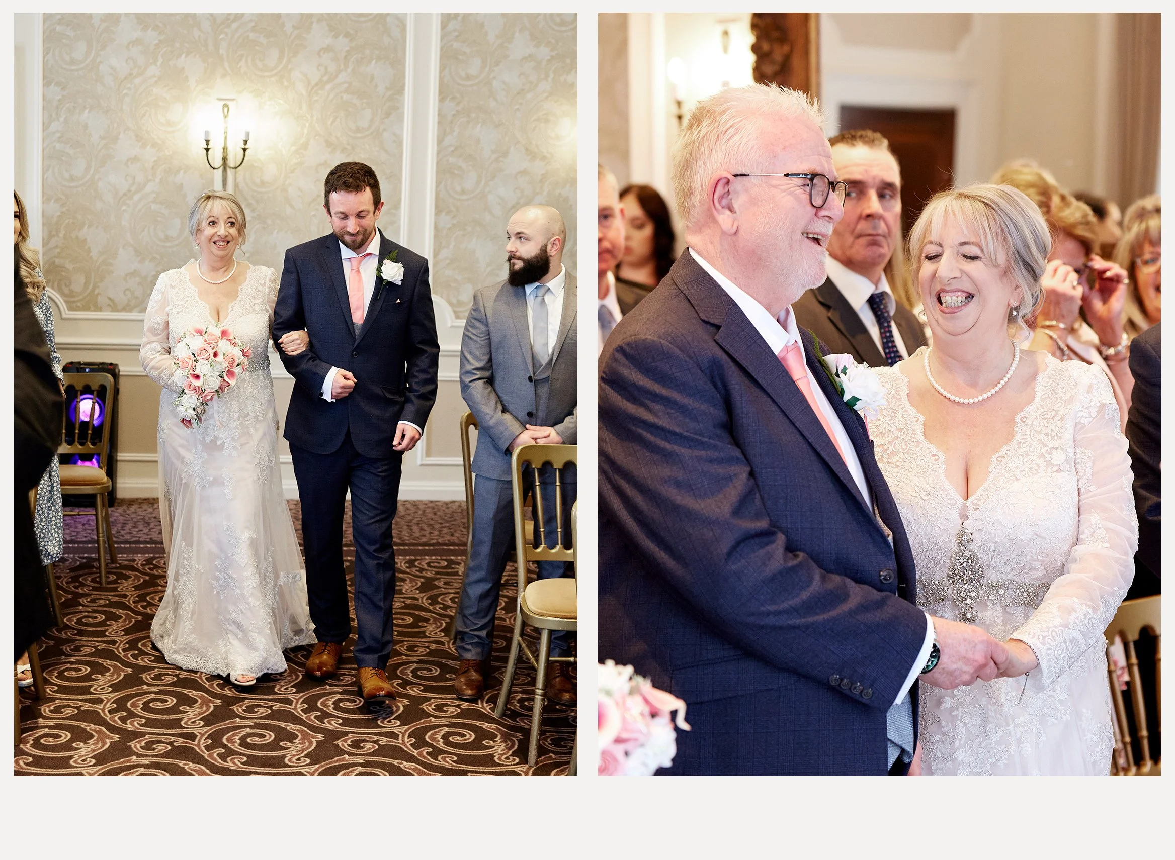 A wedding ceremony with a bride in a lace wedding dress holding a bouquet of pink roses, walking with two men in suits inside a decorated room. The bride's mother and father are seen smiling and holding hands. The room has elegant wallpaper, warm lig