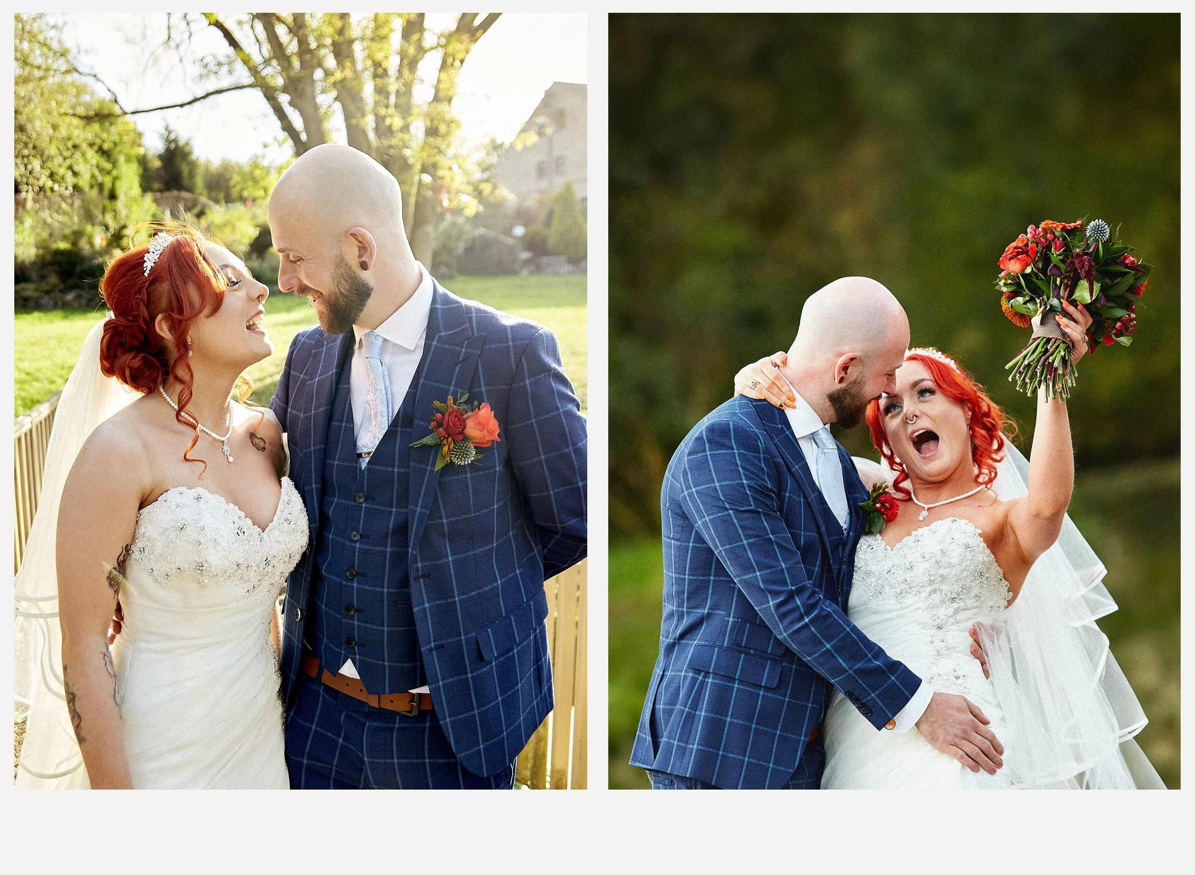 A couple on their wedding day, with a woman with red hair and a man with a bald head and beard, smiling and embracing outdoors during daytime.