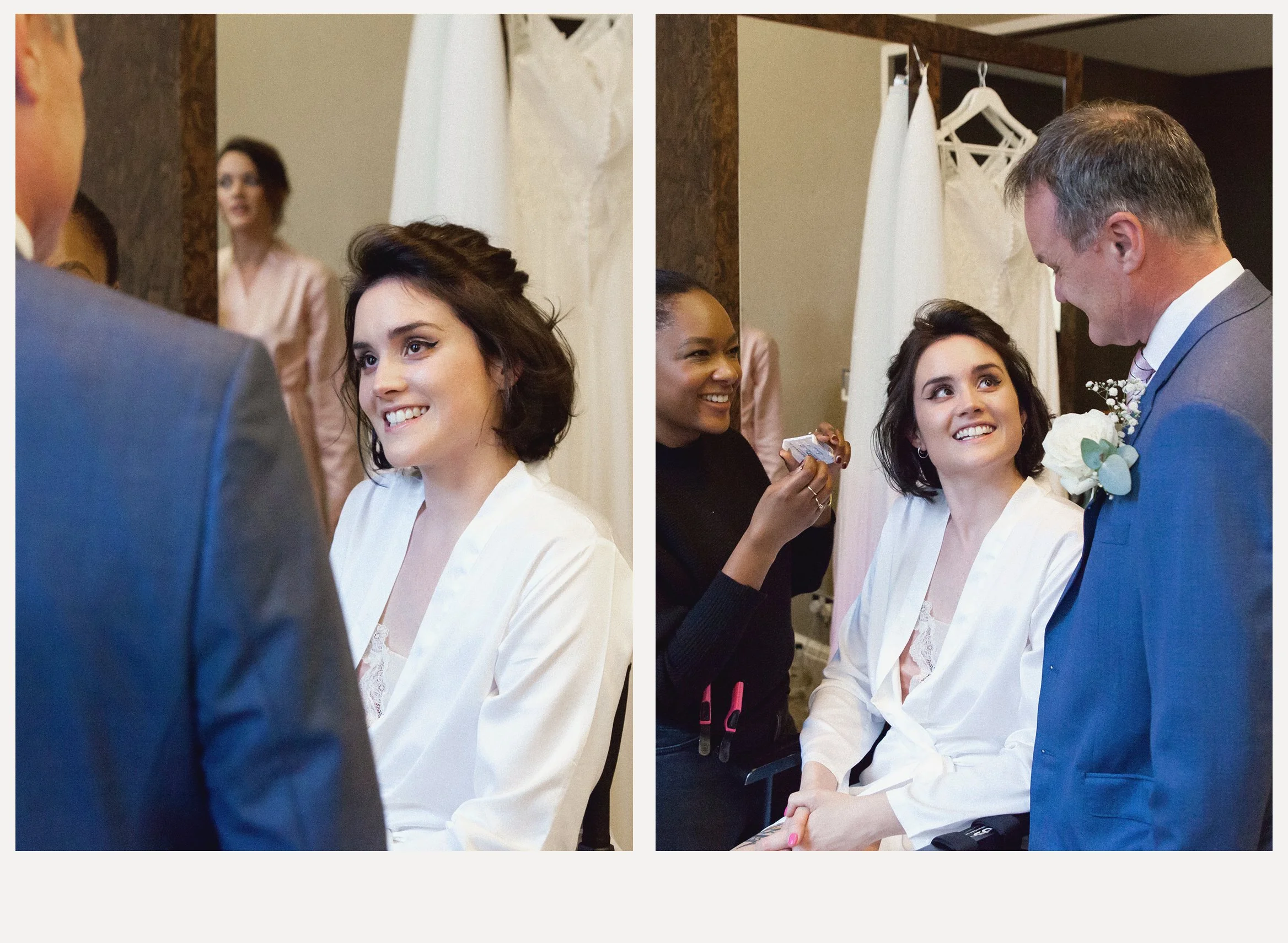 A bride with dark hair styled in loose waves, smiling, wearing a white robe, is seated during her wedding preparation. An older man in a gray suit, likely the groom, is smiling at her. A woman with dark skin and short hair is standing beside her, hol