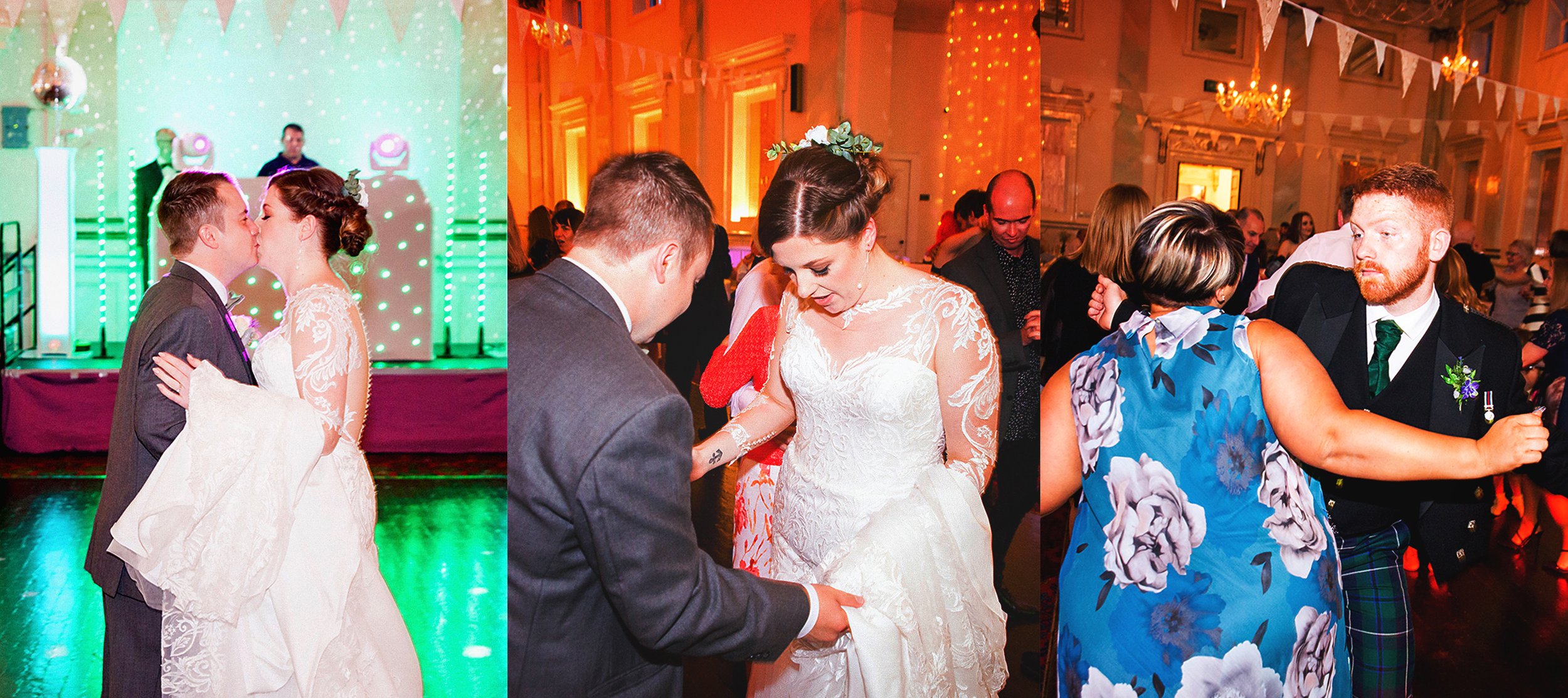 Wedding reception with couples dancing and interacting in a decorated ballroom.