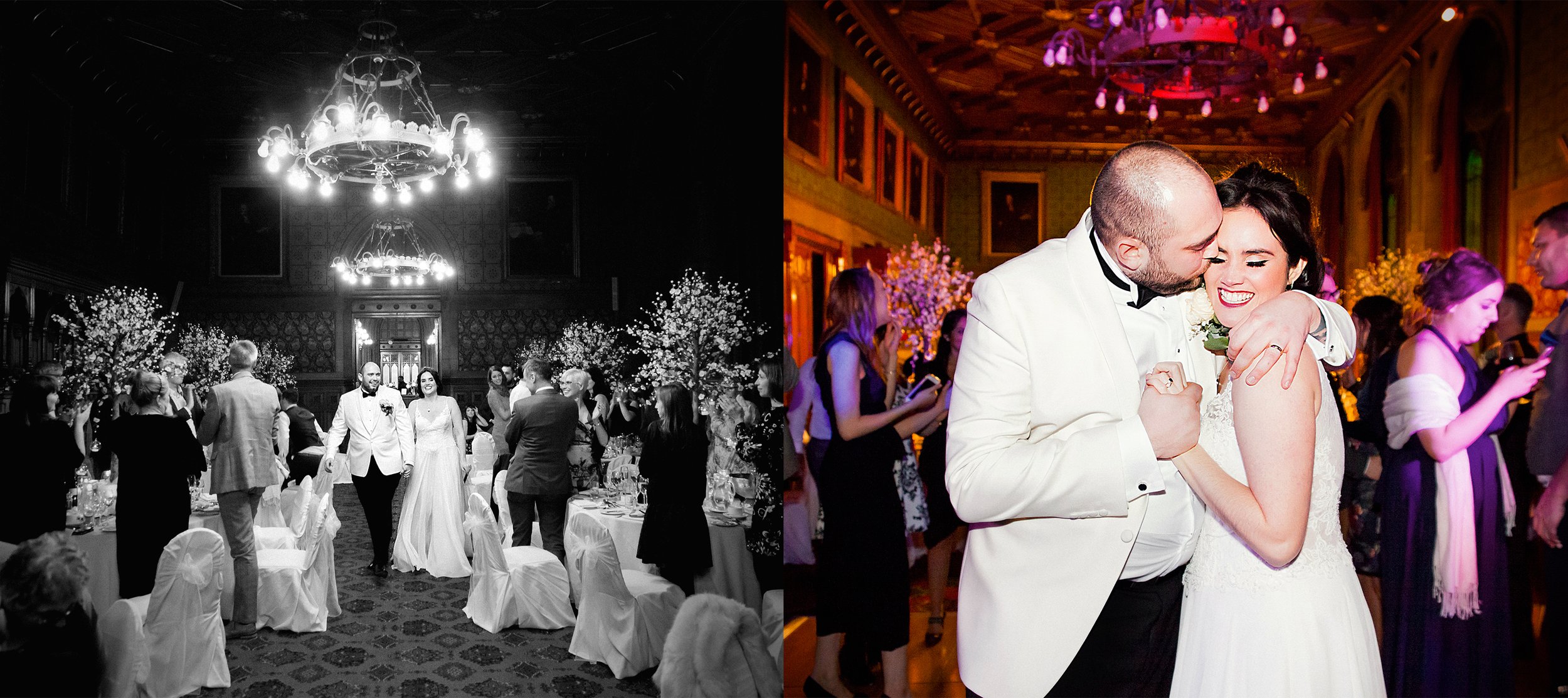 A split image showing a black-and-white photo on the left of a formal wedding reception with guests dancing, and a color photo on the right of a bride and groom sharing a kiss at their wedding reception in an ornate venue.