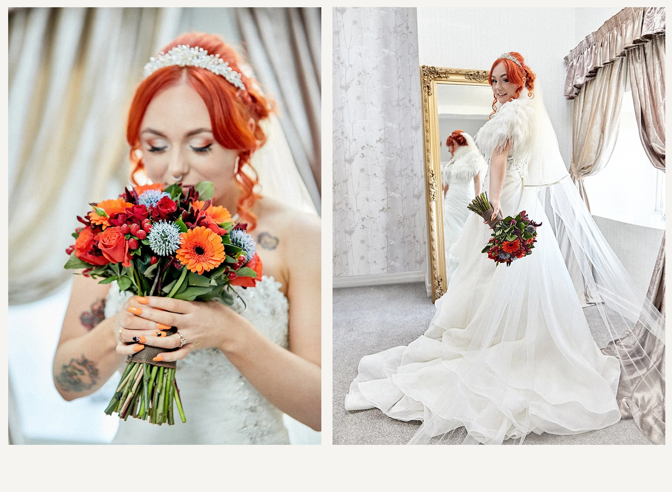 Side-by-side images of a red-haired bride dressed in a white wedding gown with a pearl headband, holding a colorful bouquet of flowers inside a bridal boutique.