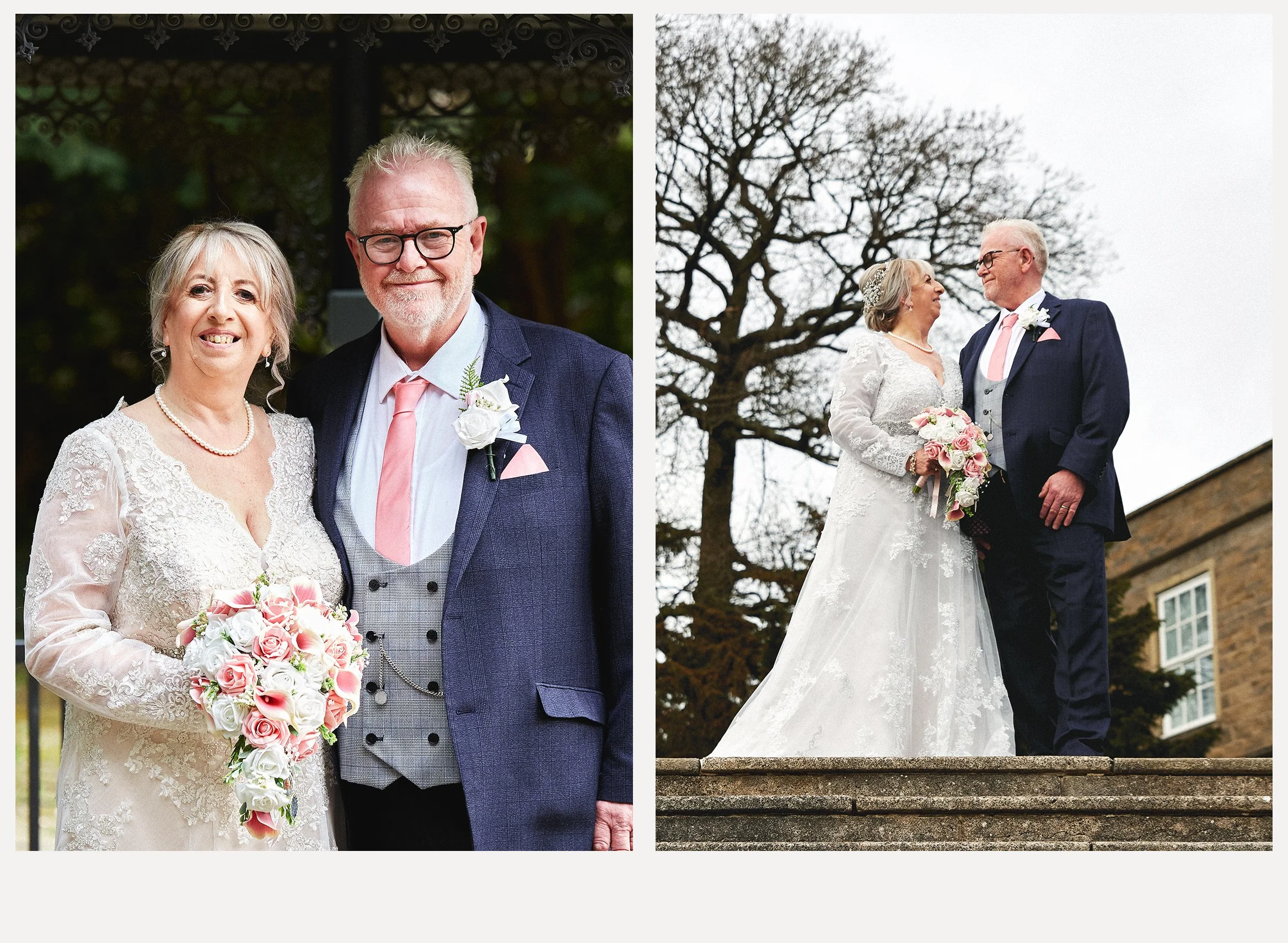 A happy bride and groom at their wedding, standing outdoors in front of a large tree and a house. The bride is holding a bouquet of pink and white roses, and both are dressed in wedding attire.