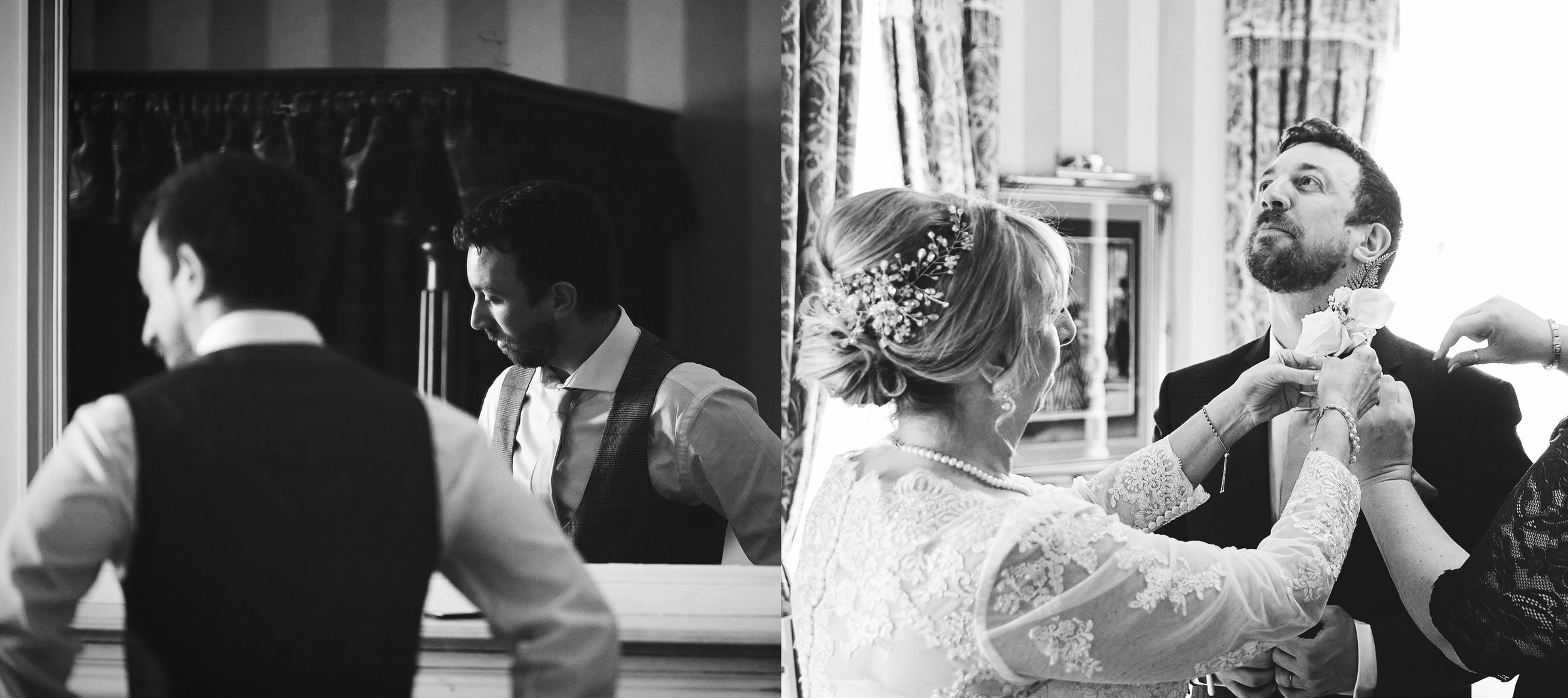 A black and white photo split into two halves. The left side shows two men in formal attire, one with his back turned and the other with a side profile, both in a somber setting. The right side depicts a woman in a lace dress and pearl necklace, helping a man in a tuxedo with a boutonniere, in a well-lit room with patterned curtains.