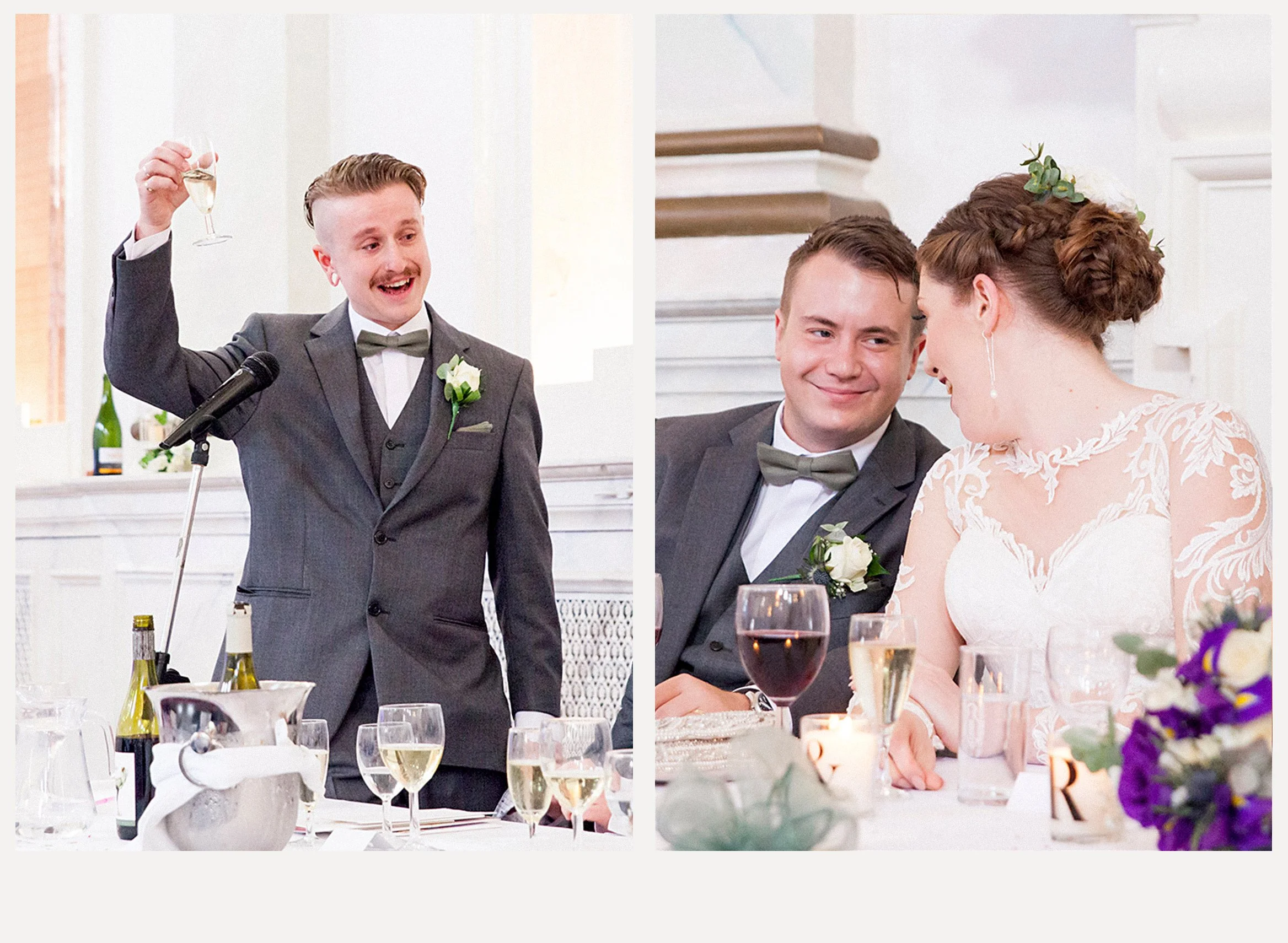 A wedding reception with a groom giving a toast, a bride sitting next to him, and tables with wine glasses and floral centerpieces.