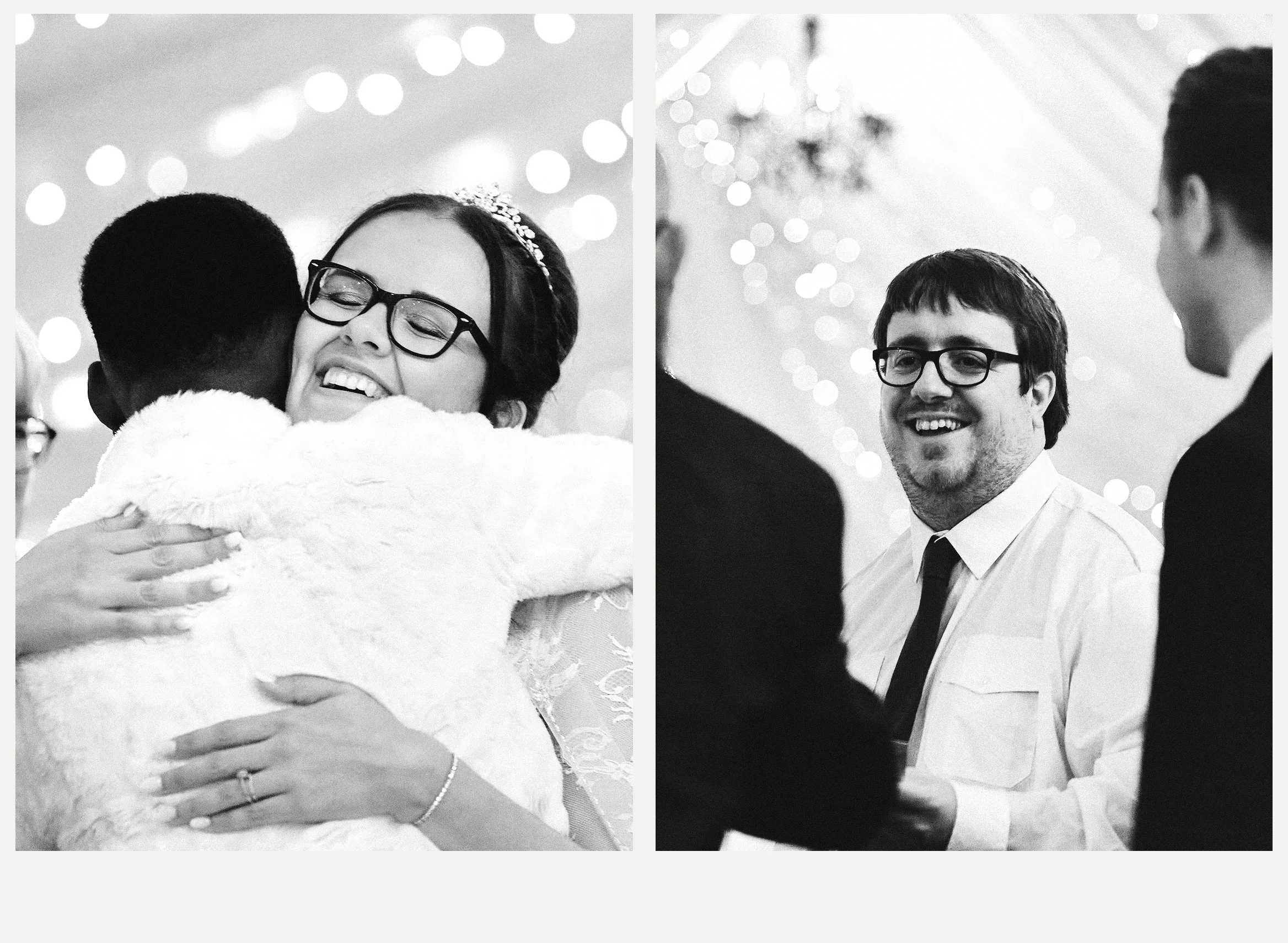 Black and white photos of a couple at a wedding, with the woman embracing a man and both smiling, and the man and other guest talking.
