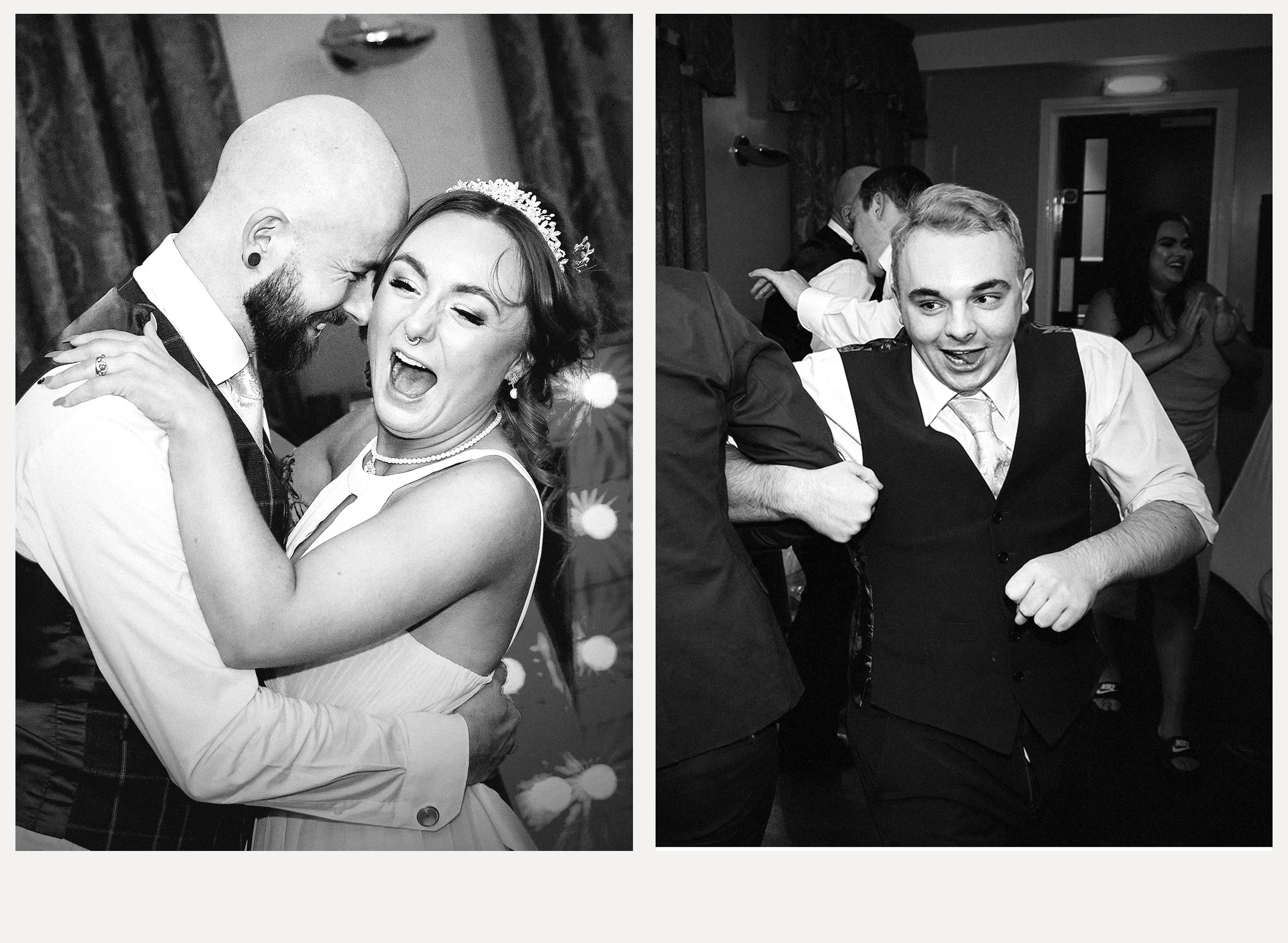 Black and white side-by-side photos of people dancing at a celebration. The left image shows a person with a beard and earrings embracing a woman with a crown, nose piercing, and wearing a party hat. The right image shows a man with short hair and a 