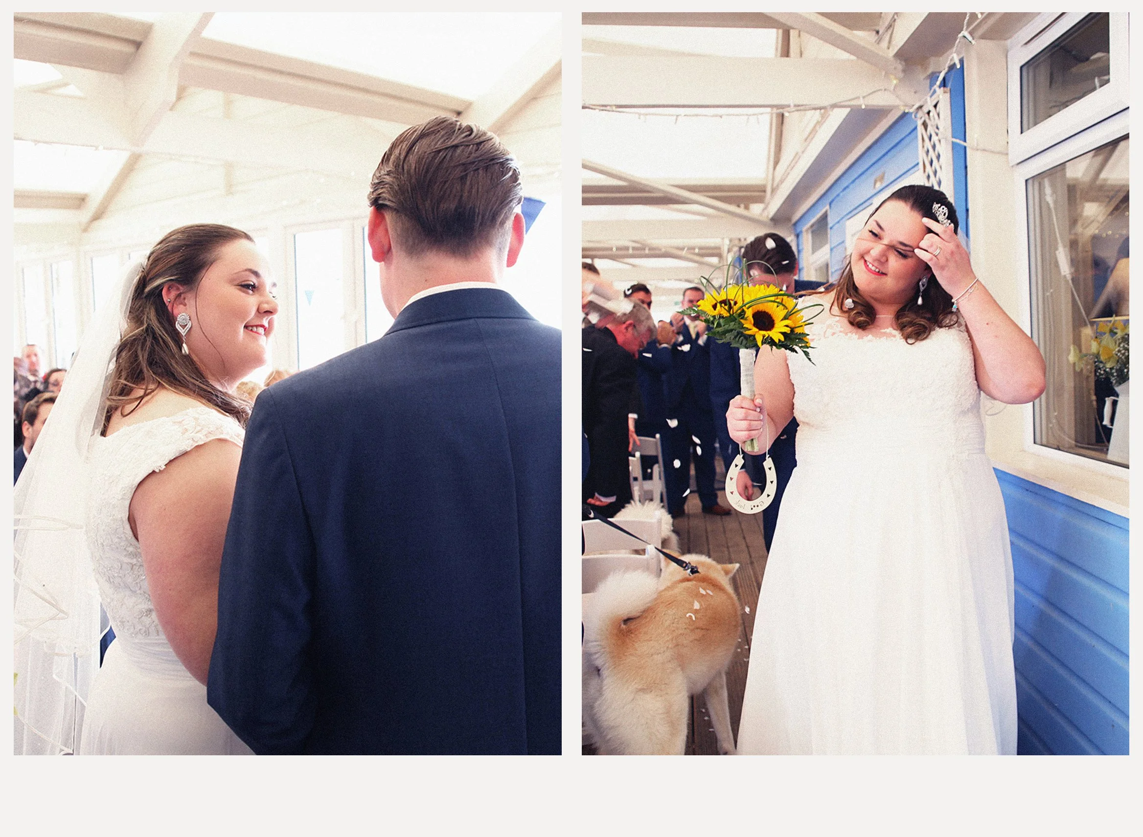 Split-screen photo of a wedding ceremony with a bride smiling at a groom on the left side and a woman holding a bouquet of sunflowers smiling on the right side. Guests are in the background, and a dog is at the bottom right corner.
