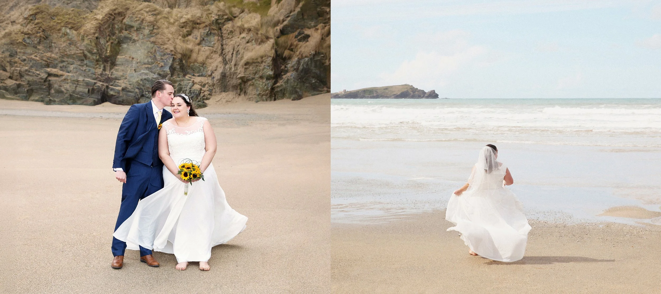 A bride and groom in wedding attire on a beach, with the groom kissing the bride on the forehead, and the bride holding a sunflower bouquet. In the background, a woman in a white dress and veil is walking along the shoreline.