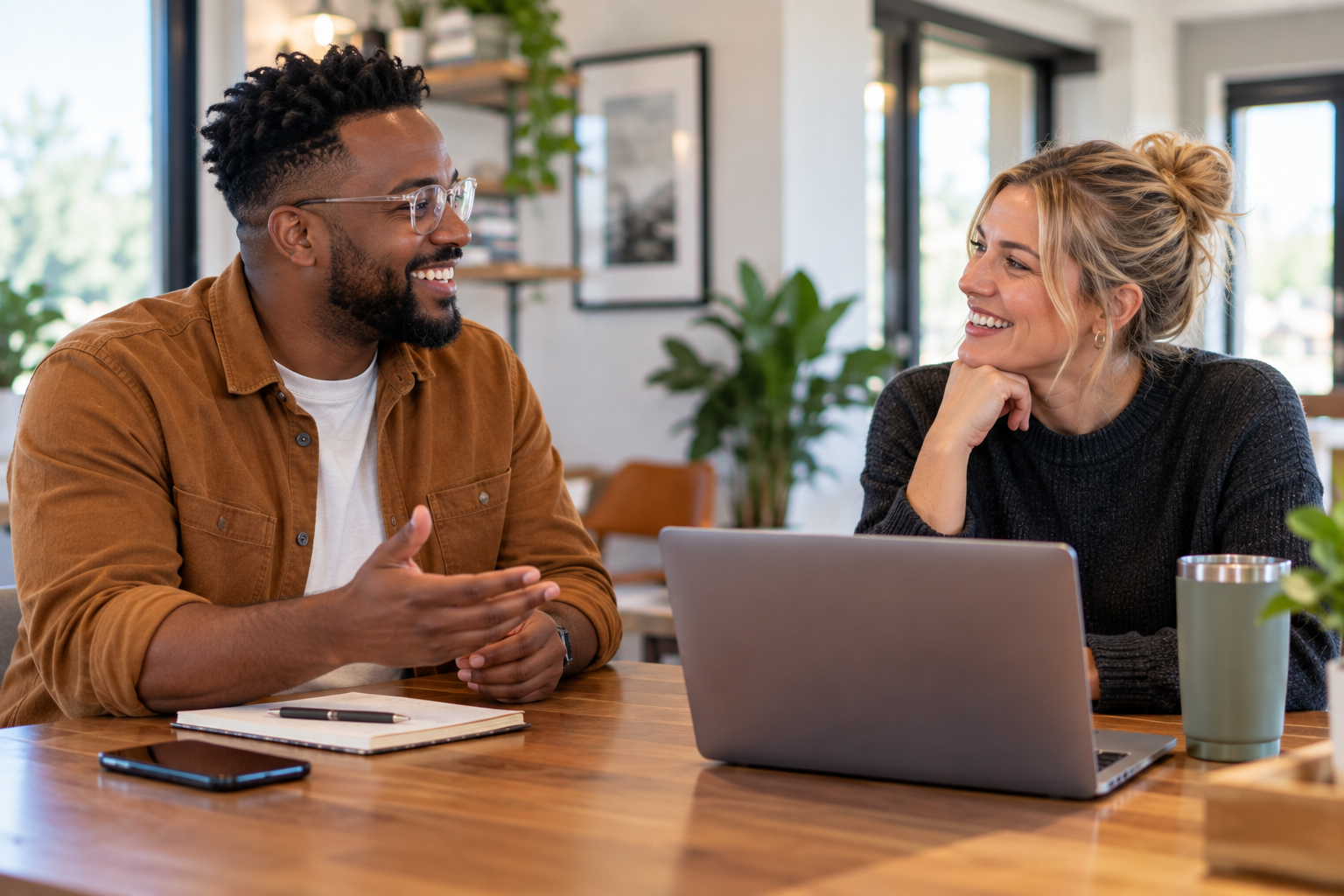 A man and a woman are sitting at a wooden table, engaging in a conversation with smiles. The man, wearing glasses and a brown shirt, is gesturing with his hand, while the woman, with blonde hair tied back and wearing a black sweater, is resting her chin on her hand. There is a laptop, notebook, pen, and a travel mug on the table. The background features large windows, plants, and framed pictures.