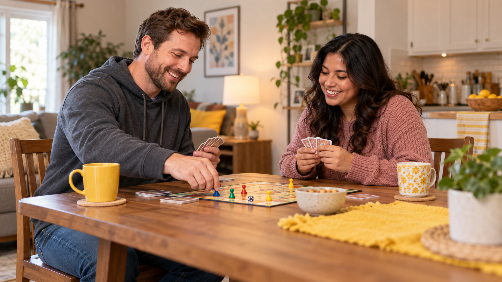 A man and a woman are sitting at a wooden dining table playing a board game. They are smiling and holding cards. There are colorful game pieces, a bowl, and two cups on the table. The background shows a cozy living room and kitchen with plants, a lamp, and home decor.