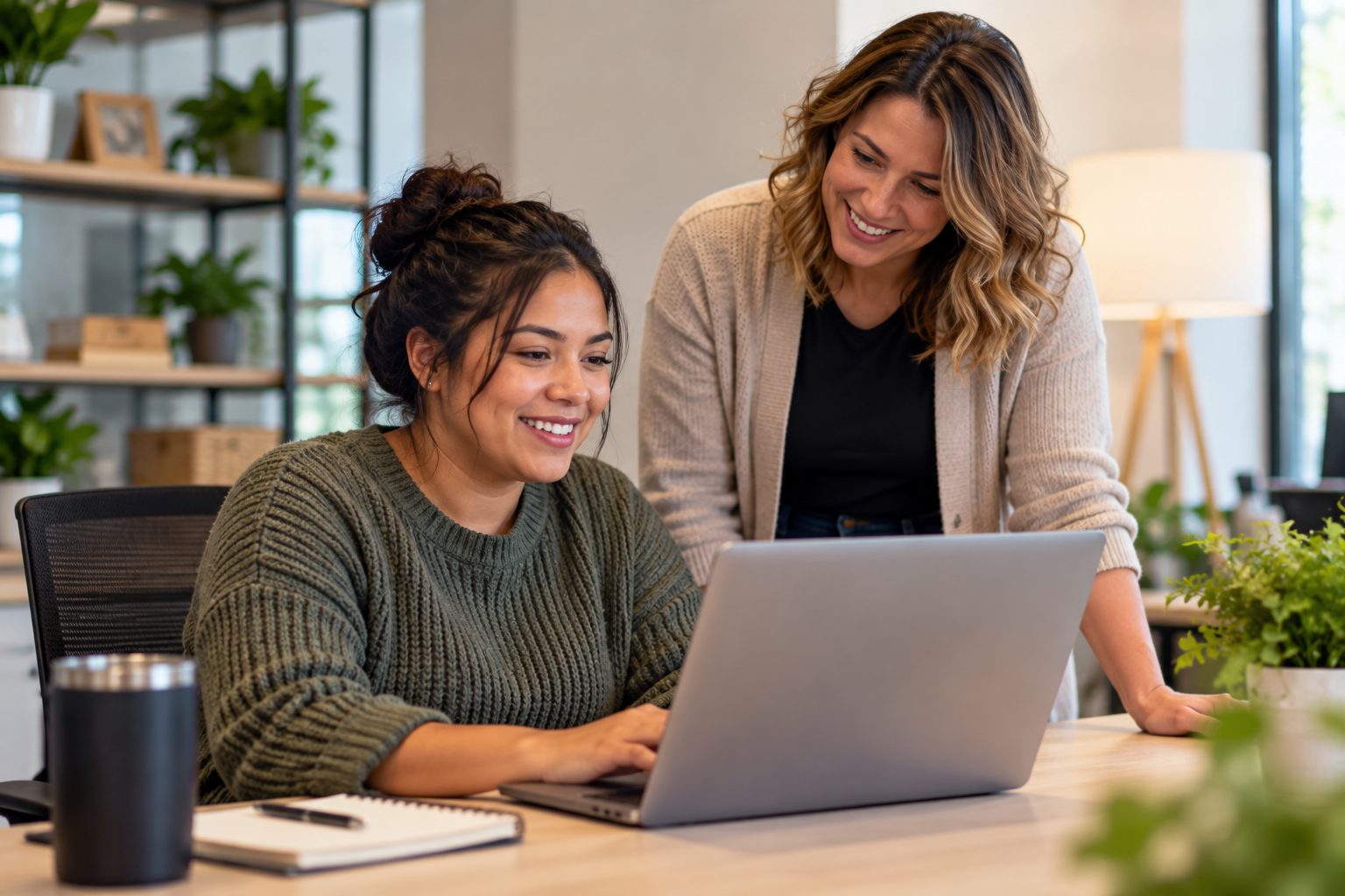 Two women working together on a laptop in a modern office, smiling and collaborating.